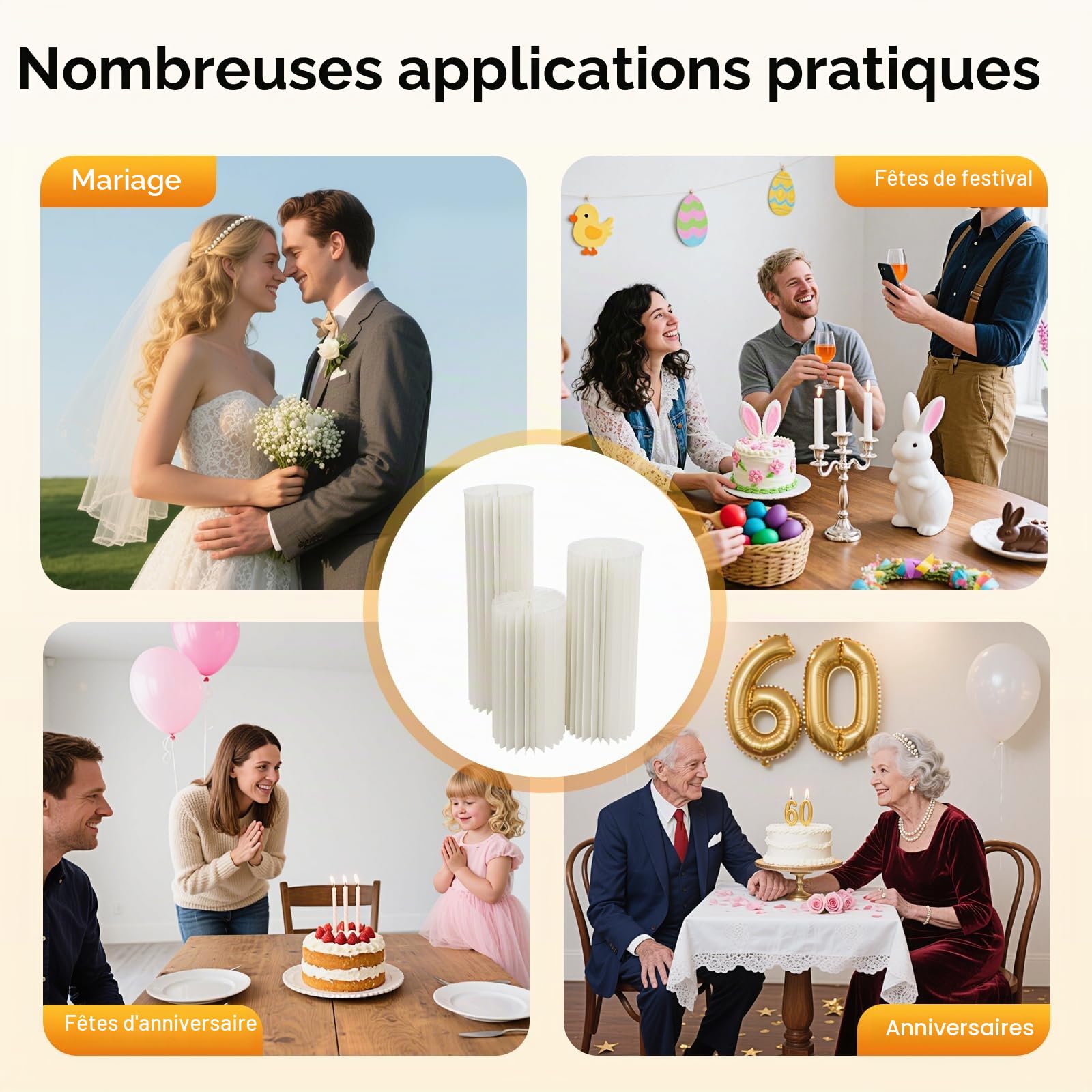 Lot de 3 piliers de décoration de mariage pliables en carton - Grande capacité de charge - Pour cupcake, donut - Pour fêtes, anniversaires, buffet, blanc - Rond - 60 + 80 + 100 cm