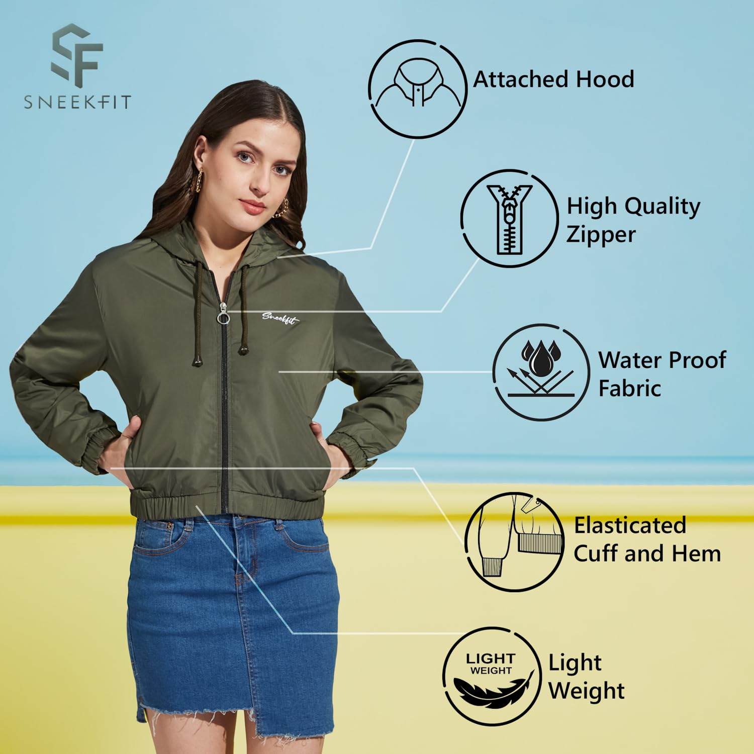 SneekFit Women's Crop Windcheater Jacket - Waterproof, Windproof and Stylish For All Weather Season (IN, Alpha, L, Regular, OLIVE) 3