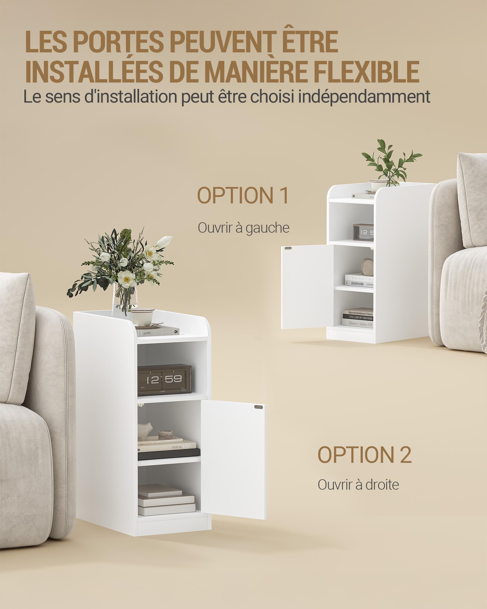 Hzuaneri Table de Chevet, Table d'Appoint Étroite avec 1 Porte d'Armoire