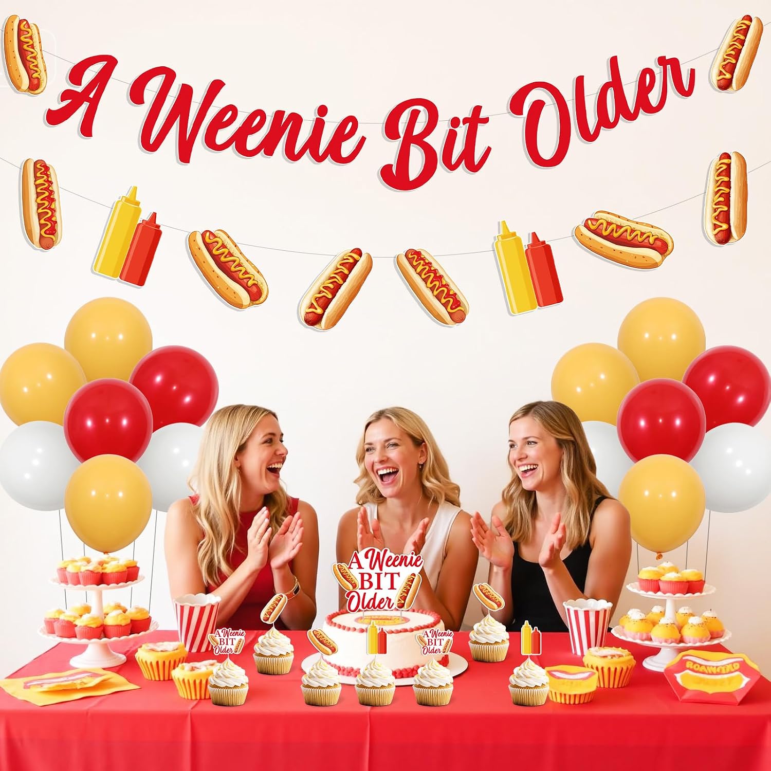 Jollyboom a Weenie Bit Older Birthday Decorations, Hot Dog Decorations Banner Garland Cake Cupcake Toppers Balloons for Women Bridal Shower Wedding Retro Bbq Cookout Party