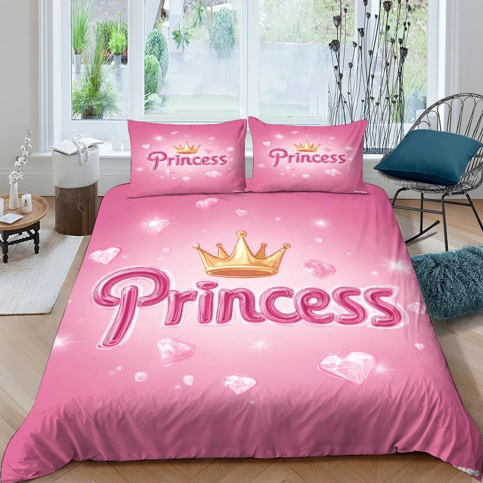 Ctjqhvkz Style-10 3D Printed Princess Crown Fitted Sheet Microfiber Soft Pink Heart Bed Cover For Bedroom Guest Room Decor Single（135X200cm）