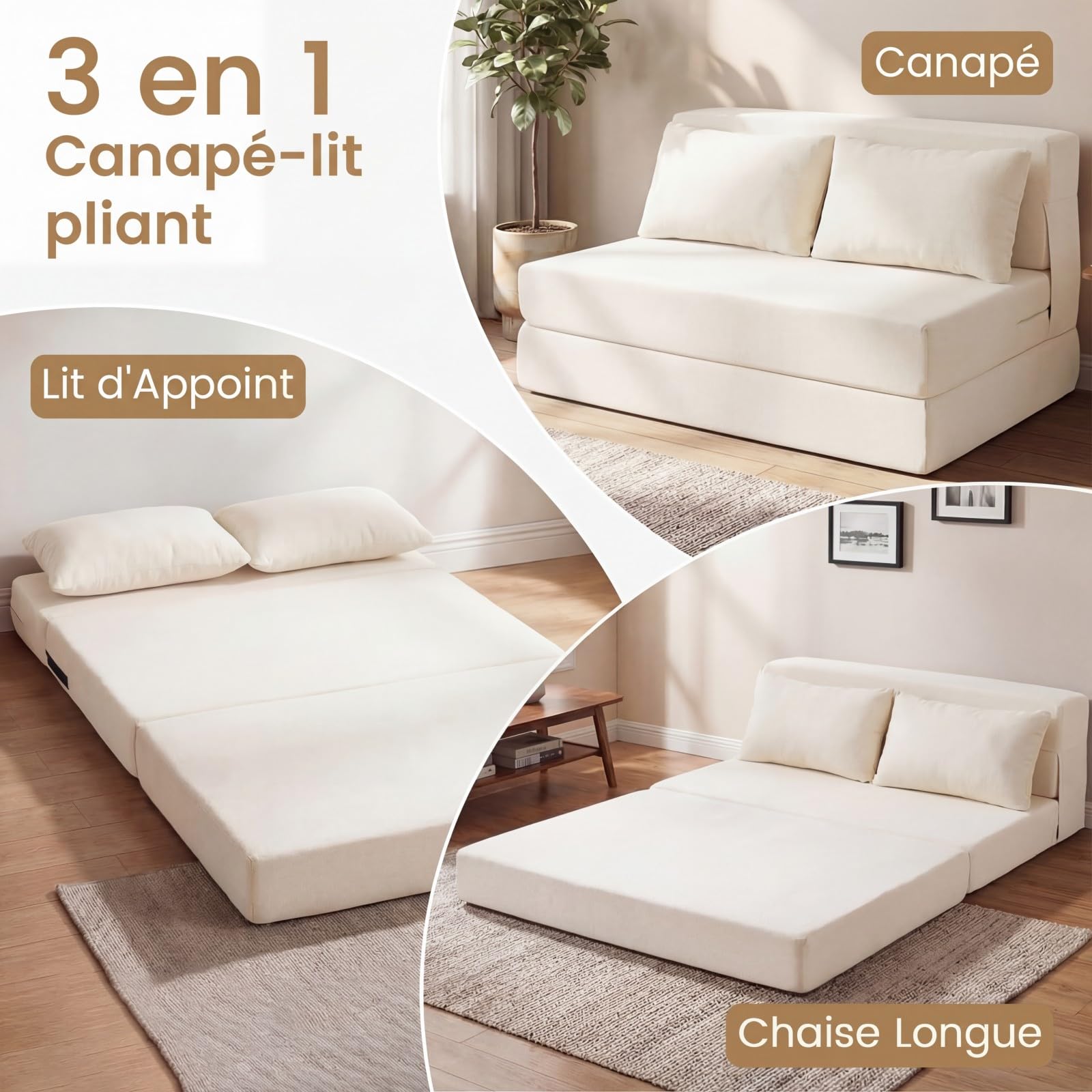COSTWAY 3 en 1 Canapé Convertible 2 Places Pliant (Beige)