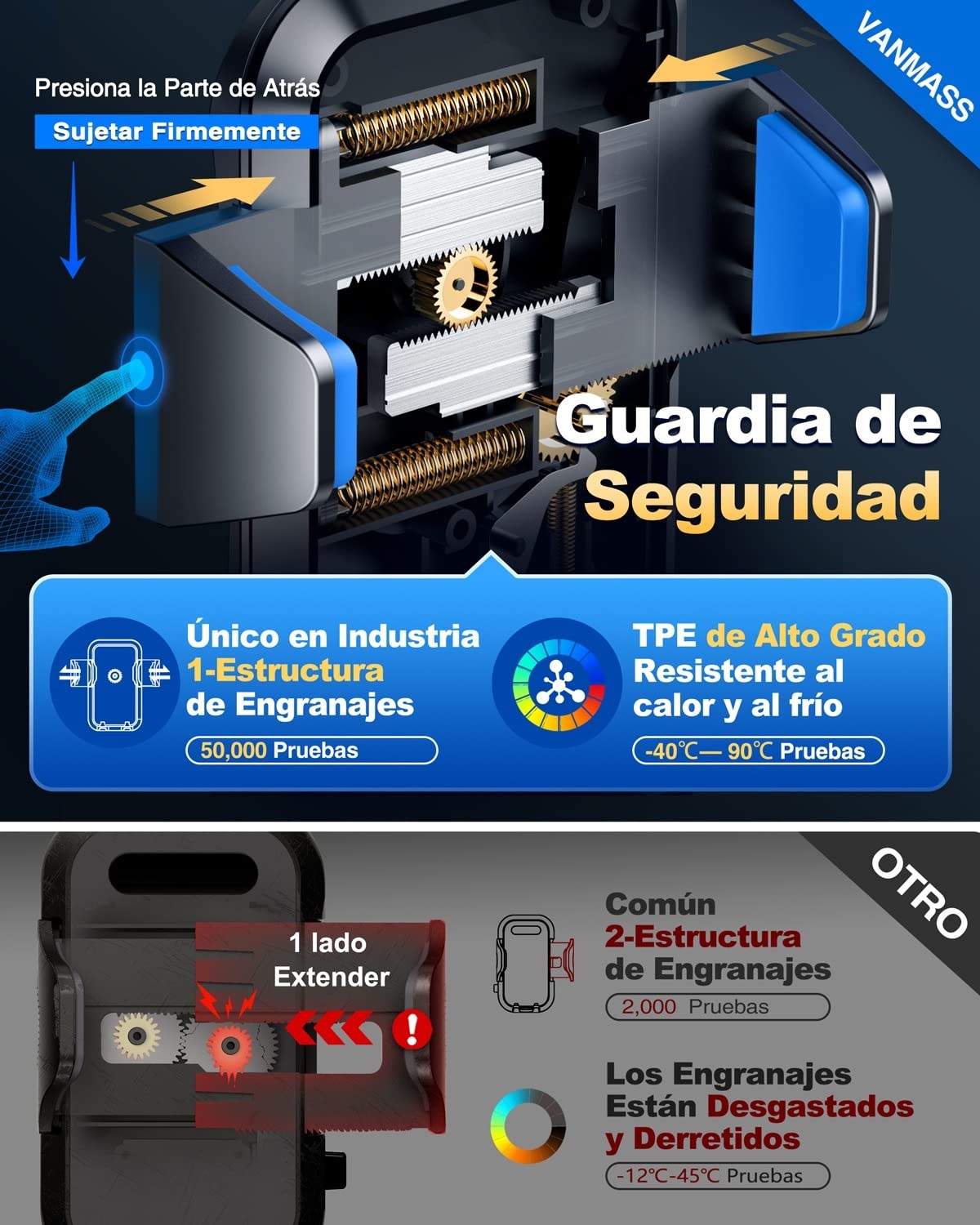VANMASS 【Patentes y Certificados de Seguridad Soporte Movil Coche 2025【29+KG Succión Protección Militar】 Teléfono Salpicadero Parabrisas Ventilación para iPhone 16 15 Pro MAX Samsung, Azul