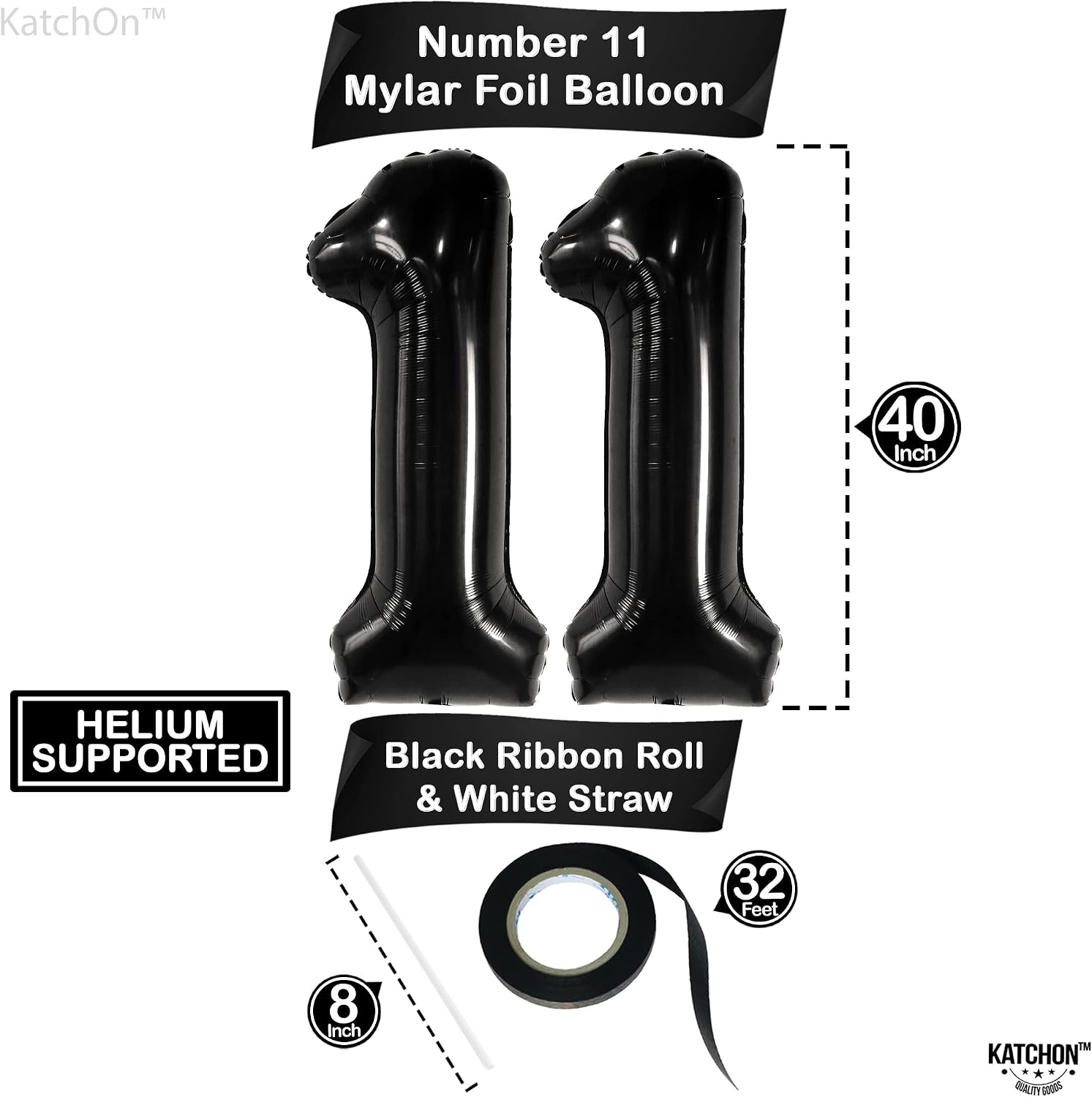 KatchOn, Giant Black Number 11 Balloon - 40 Inch | 11 Black Balloons for 11th Birthday Decorations for Boys | Black 11 Balloons Number Birthday Party Decorations | Anniversary Decorations