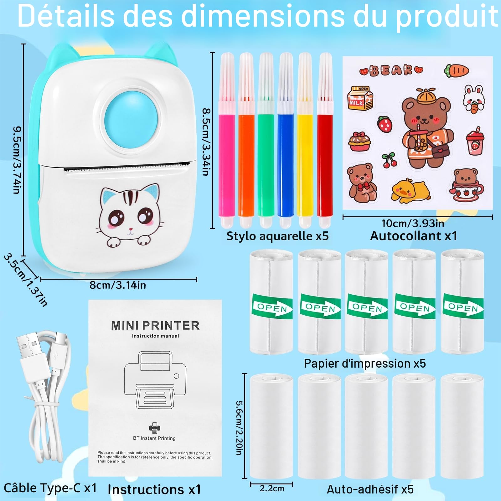 Mini Imprimante - Mini Imprimante Autocollant, Imprimante Photo Portable, Imprimante Thermique, Noir et Blanc Autocollant Maker pour Les étudiants, Cadeau de Noël, pour iOS & Android