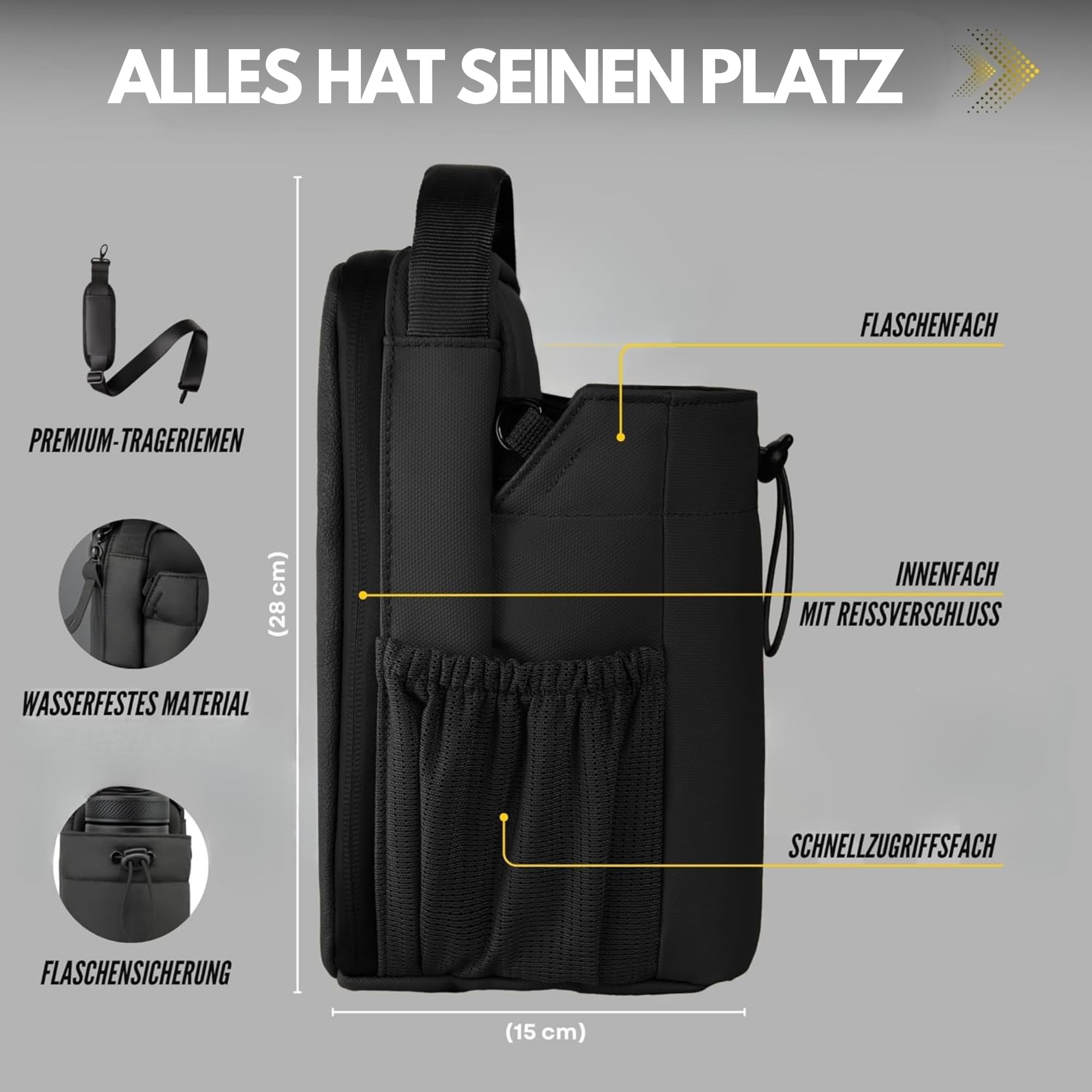 Benson - Bolsa de fitness magnética con fuerte fijación magnética, soporte para botella de 1200 ml, compartimento para teléfono móvil y mosquetón, para hombre y mujer, ideal para deportes, uso diario