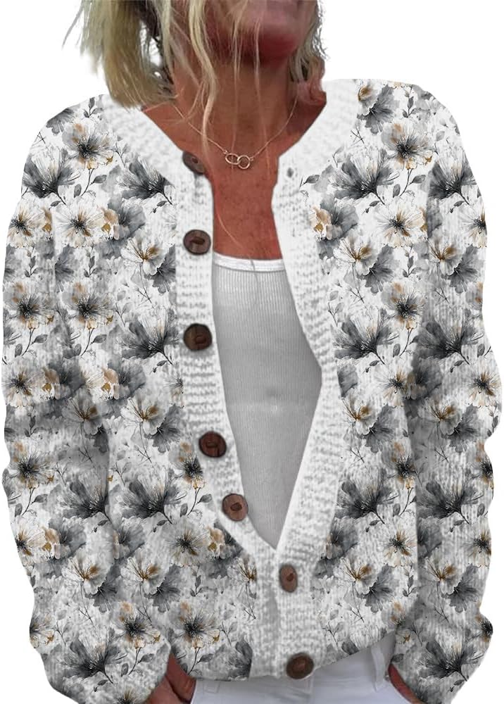 Womens Animal Textured Cardigan Sweaters Trendy Crewneck Button Up Sweater Floral Print Fall Fashion Open Front Sweater