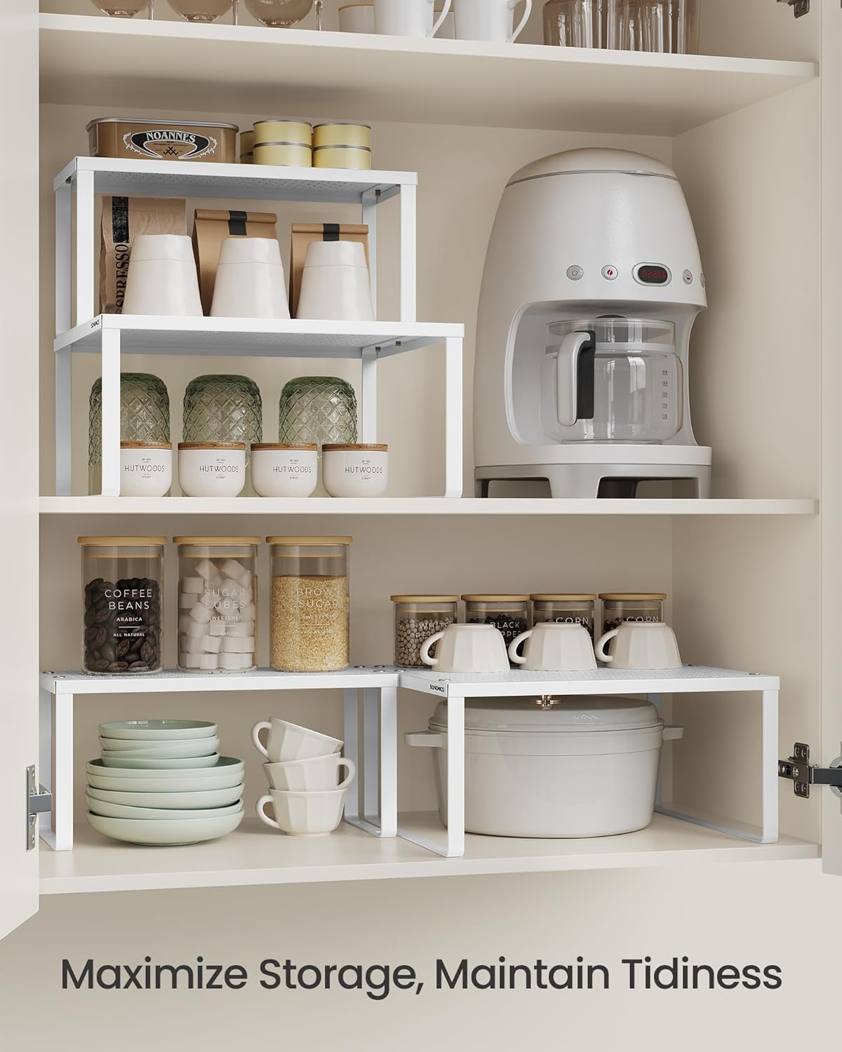 SONGMICS Spice Racks, Set of 2 Metal Cabinet Shelf Organizers, Countertop Organizers, Shelf Risers, Stackable, Expandable, White UKCS005W01 - Image 3