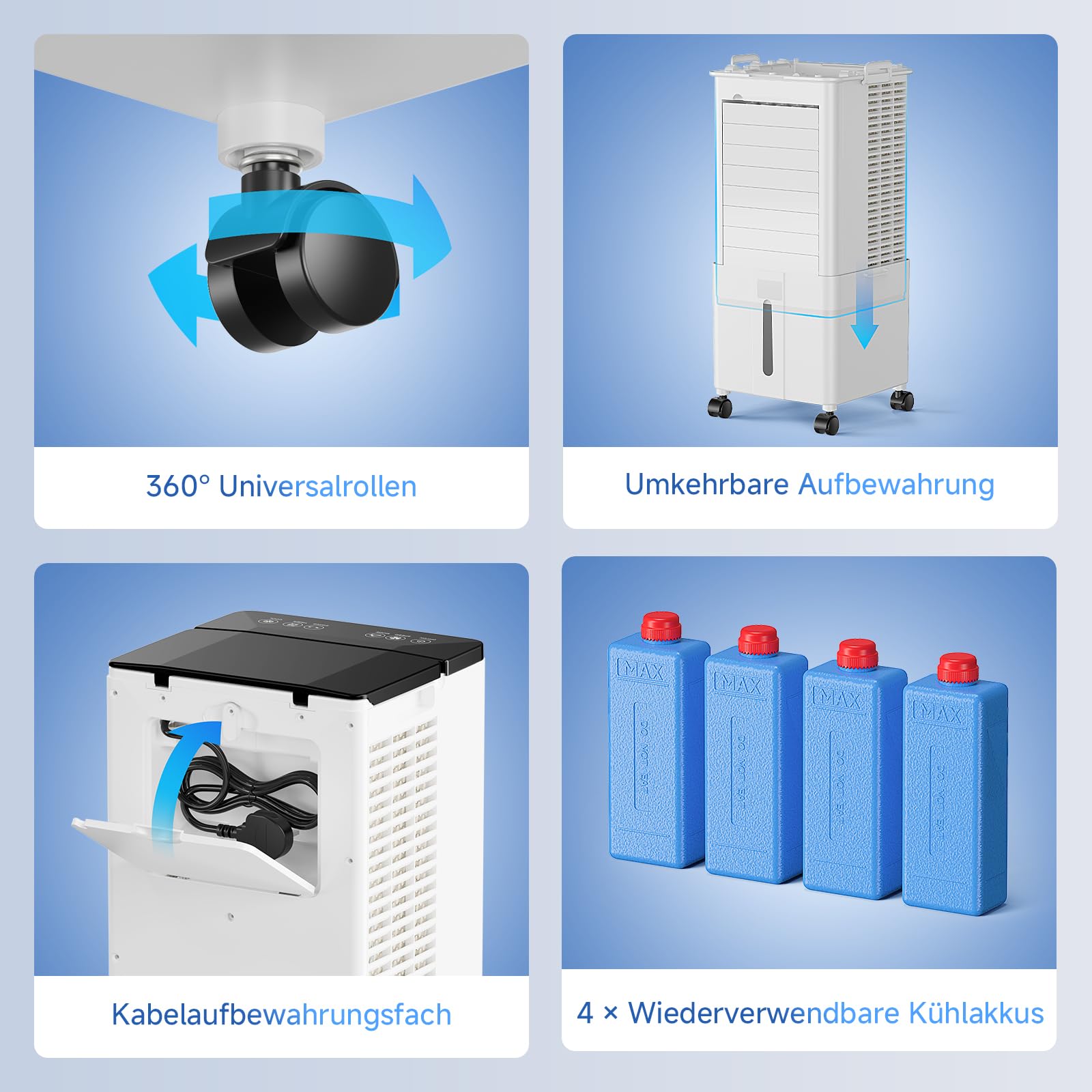 4-in-1 tragbares Klimagerät, Verdunstungsluftkühler mit 10L Wassertank, 4 Modi und 3 Geschwindigkeiten, 1-12h Timer mit Rollen, für Zuhause (Silberweiß)