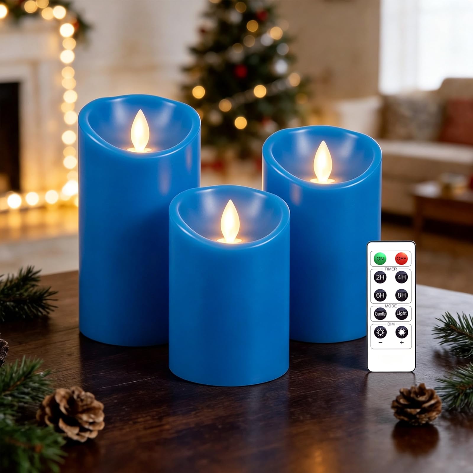 AnnSpa 3 Set LED Candle Battery Operated with 10-Key Remote Control and Cycling 24 Hours Timer, Flameless Real Wax Flickering Moving Wick Flickering Amber Halloween Decorative Gift - Blue