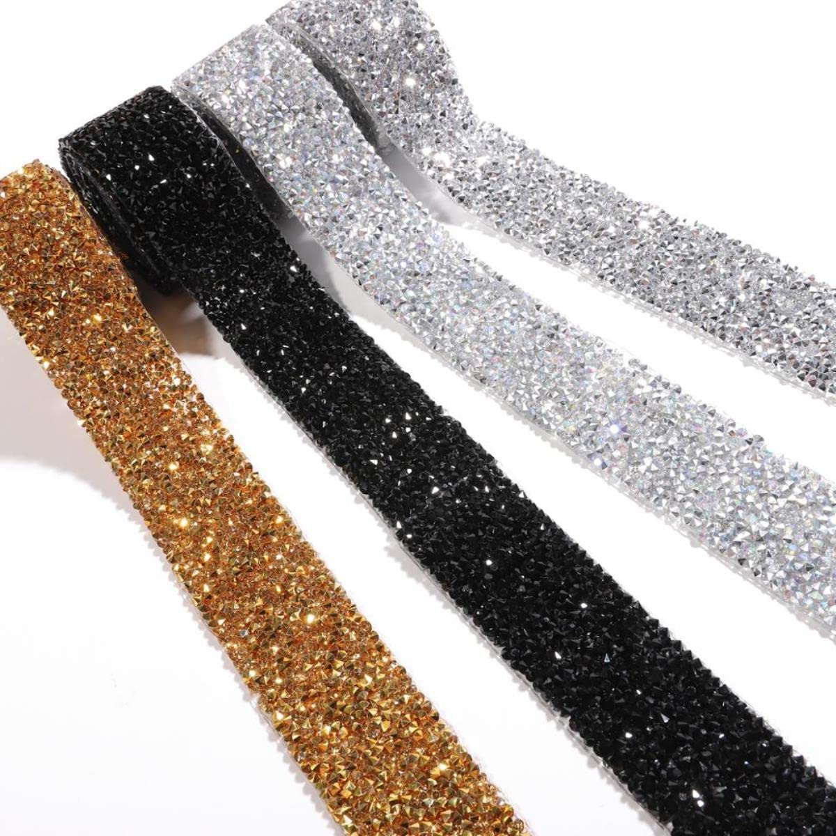 ACiyD Yard Nähen Kristallmotiv Strass Trim Applikator Band mit Strass Applikationen zum Aufbügeln für Kleider-Gold, Breite 1,5 cm (Schwarz Breite 1 cm)