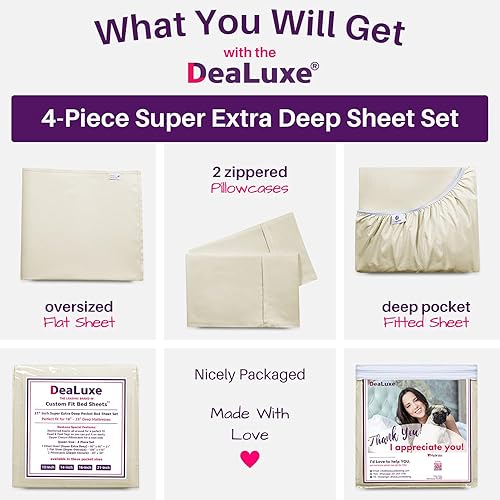 Miniatura 97 de Juego de sábanas de tamaño matrimonial – Juego de sábanas de bolsillo profundo – Juego de 4 piezas con sábana bajera de 21 pulgadas, sábana encimera