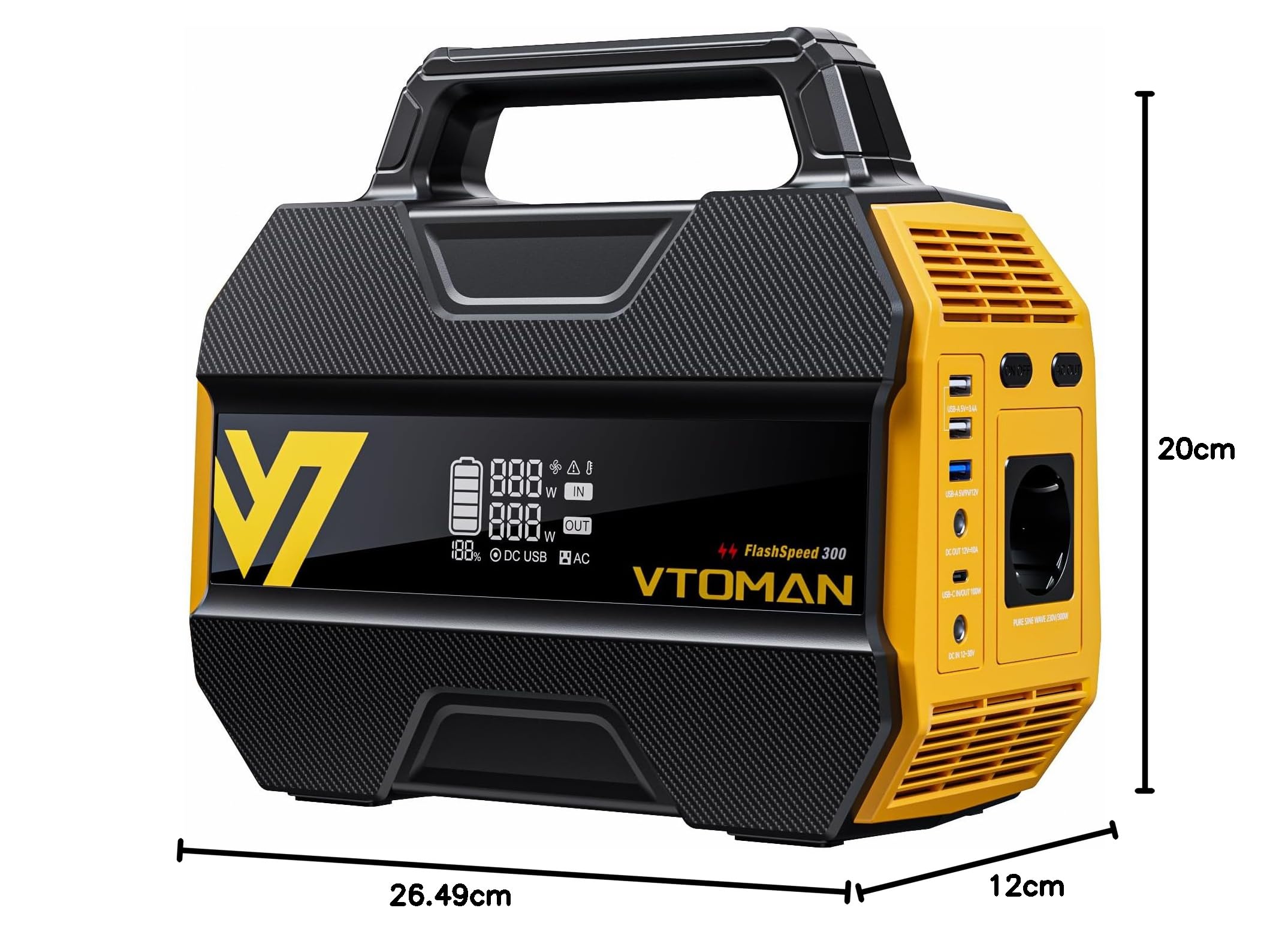VTOMAN FlashSpeed 300 Estación de Energía Portátil 300W(Pico 600W), Batería LiFePO4 de 230Wh, 3000 Ciclos, Salida PD USB-C 100W, 6 Tomas Generador Solar para Camping al Aire Libre, RV, Pesca