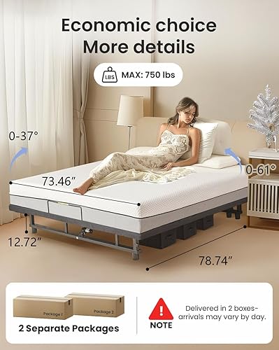 Miniatura 5 de Marco de cama ajustable tamaño King con motor silencioso - Inclinación de cabeza y pie, gravedad cero, control remoto inalámbrico, fácil instalación