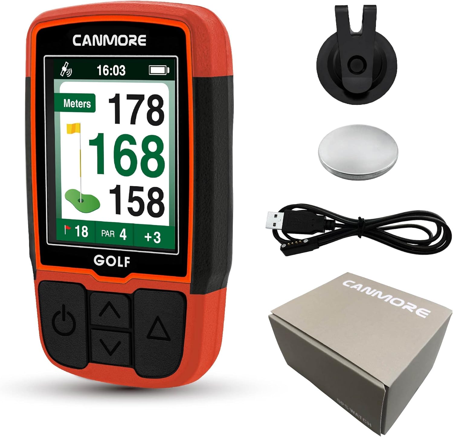 Contents of the CANMORE HG200 box, including the GPS device, windshield mount, magnet, and USB cable.