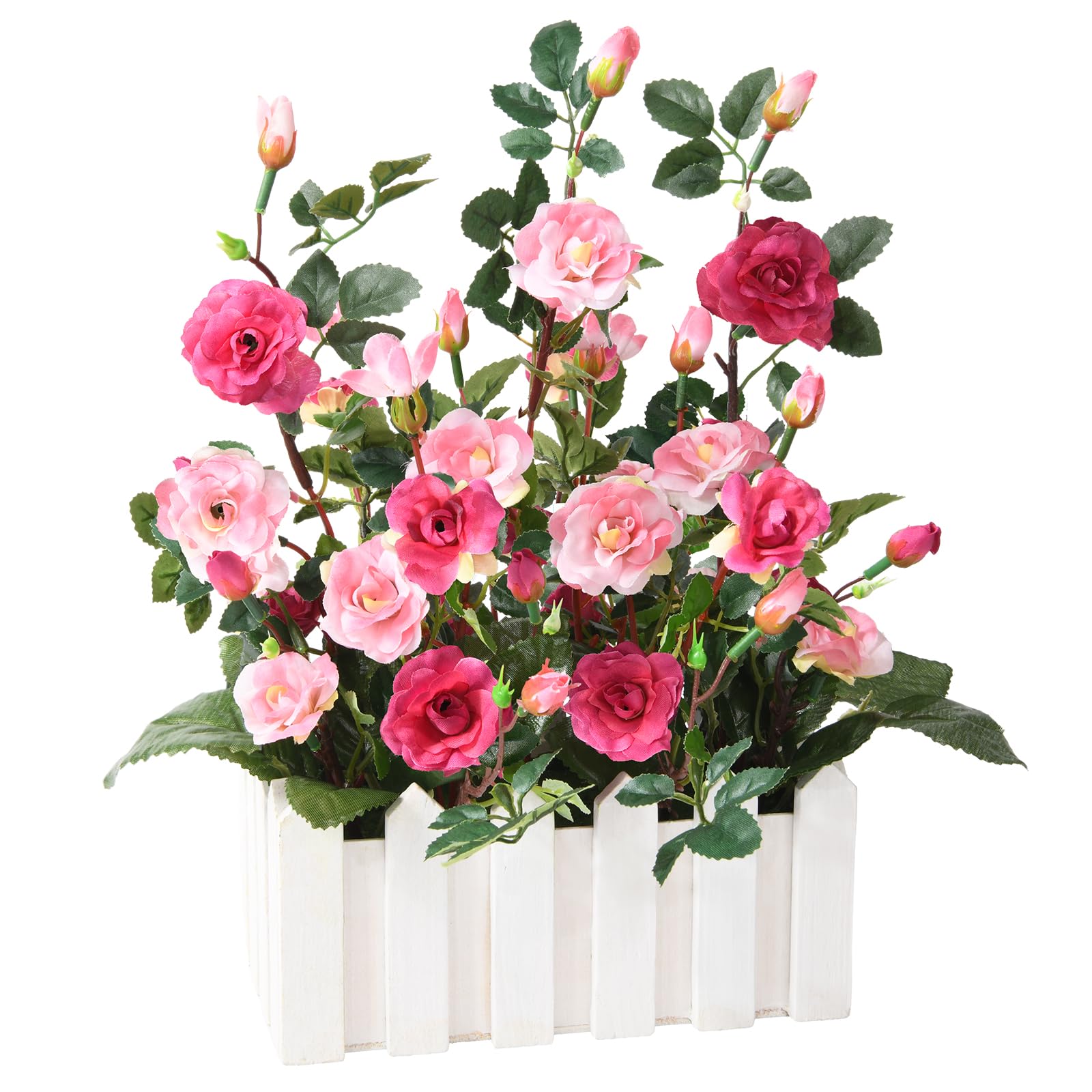 Artificial Rose Flower Plants for Fall Decorations, Fake Rose Potted, Faux Plant in Picket Fence Pot for Indoor Home Office Window Decor