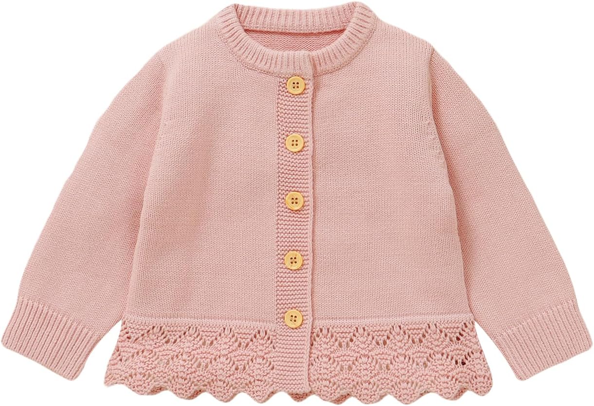 Hadetoto Baby Girl Knit Cotton Cardigan Sweater | Long Sleeve, Button Up, Lace, Fall, Infant Toddler