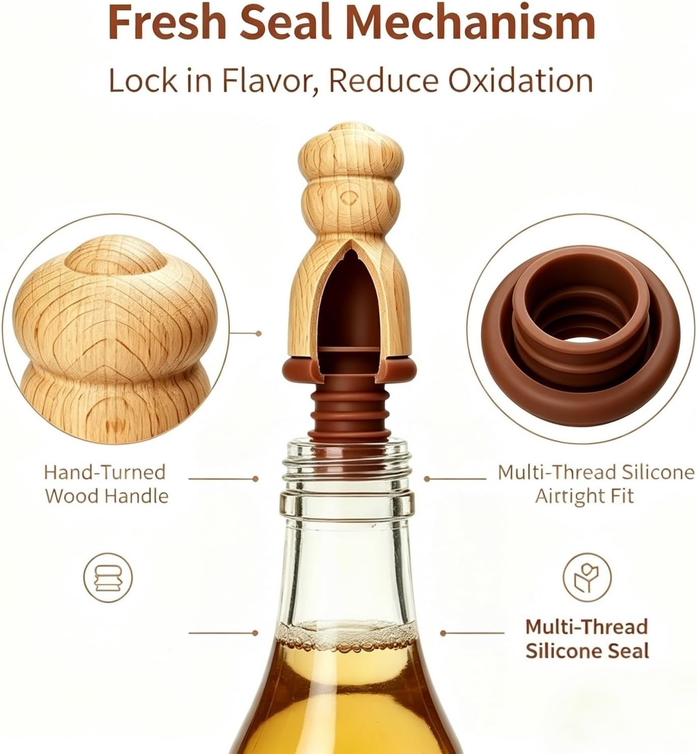Wine Stopper Set of 3 – Handcrafted Solid Beechwood Bottle Plugs with Airtight Silicone Seal, Reusable Decorative Wine Preserver for Open Bottles, Gift for Wine Lovers