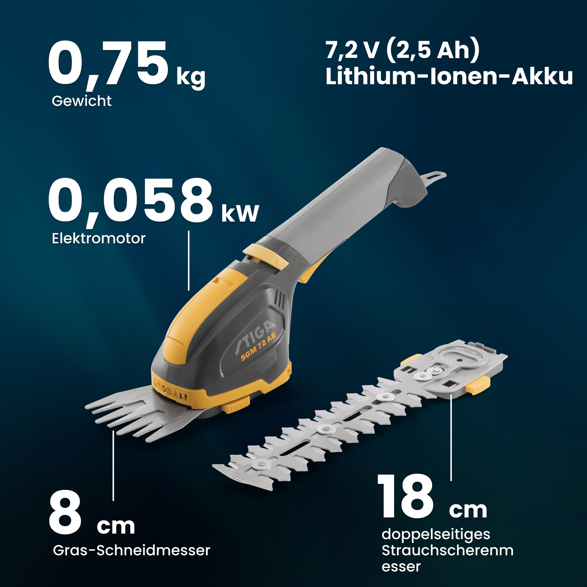 Stiga SGM 72 AE Akku Grasschere, Strauchschere inkl. Akku, mit Zubehör 7.2V