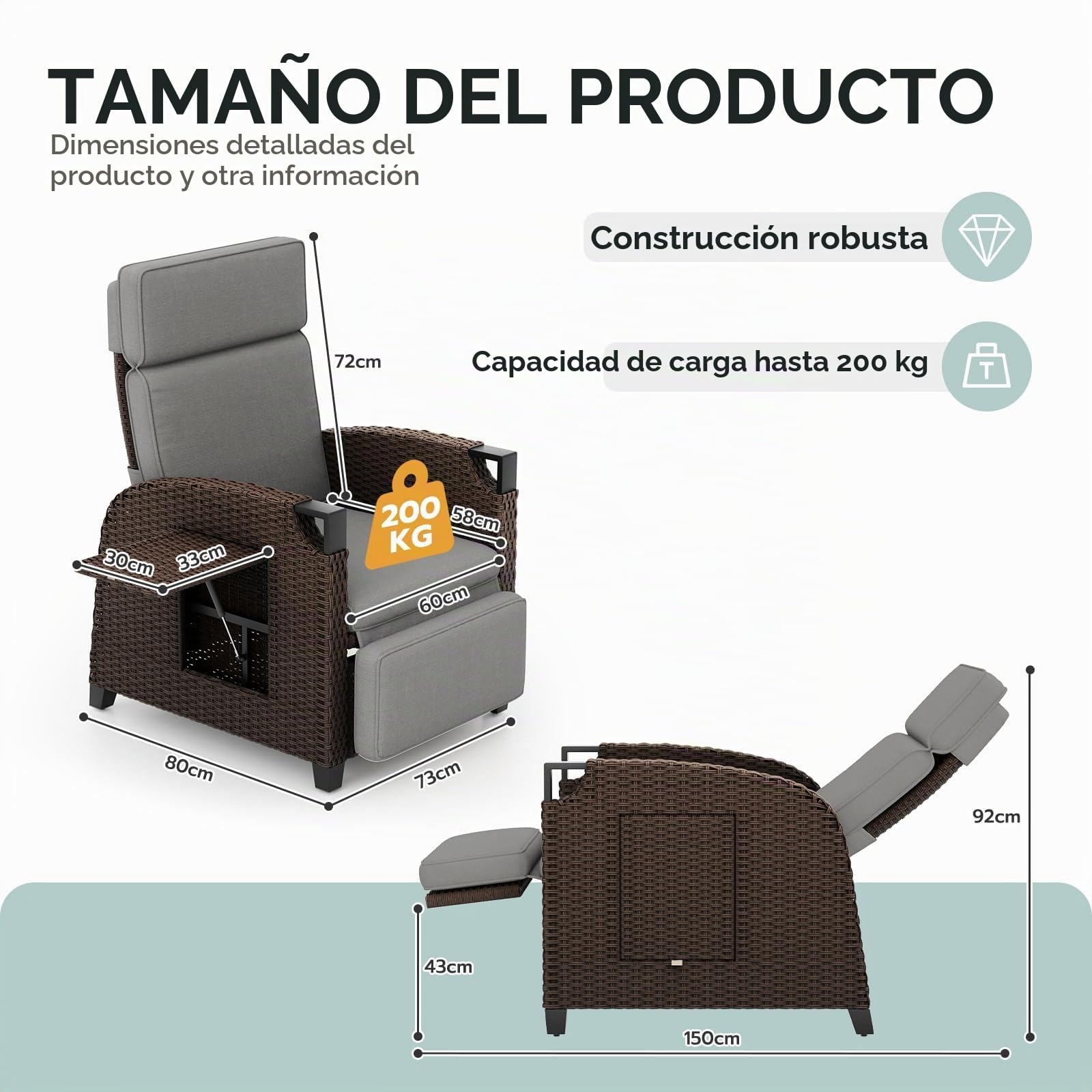 UDPATIO Sillón Ratán Jardin Exterior Reclinable, Tumbona de Jardín Ajustable 150°, con Respaldo Ajustable, Fundas + Extraíbles Cojines, Impermeable, para Interior y Exterior - Marrón