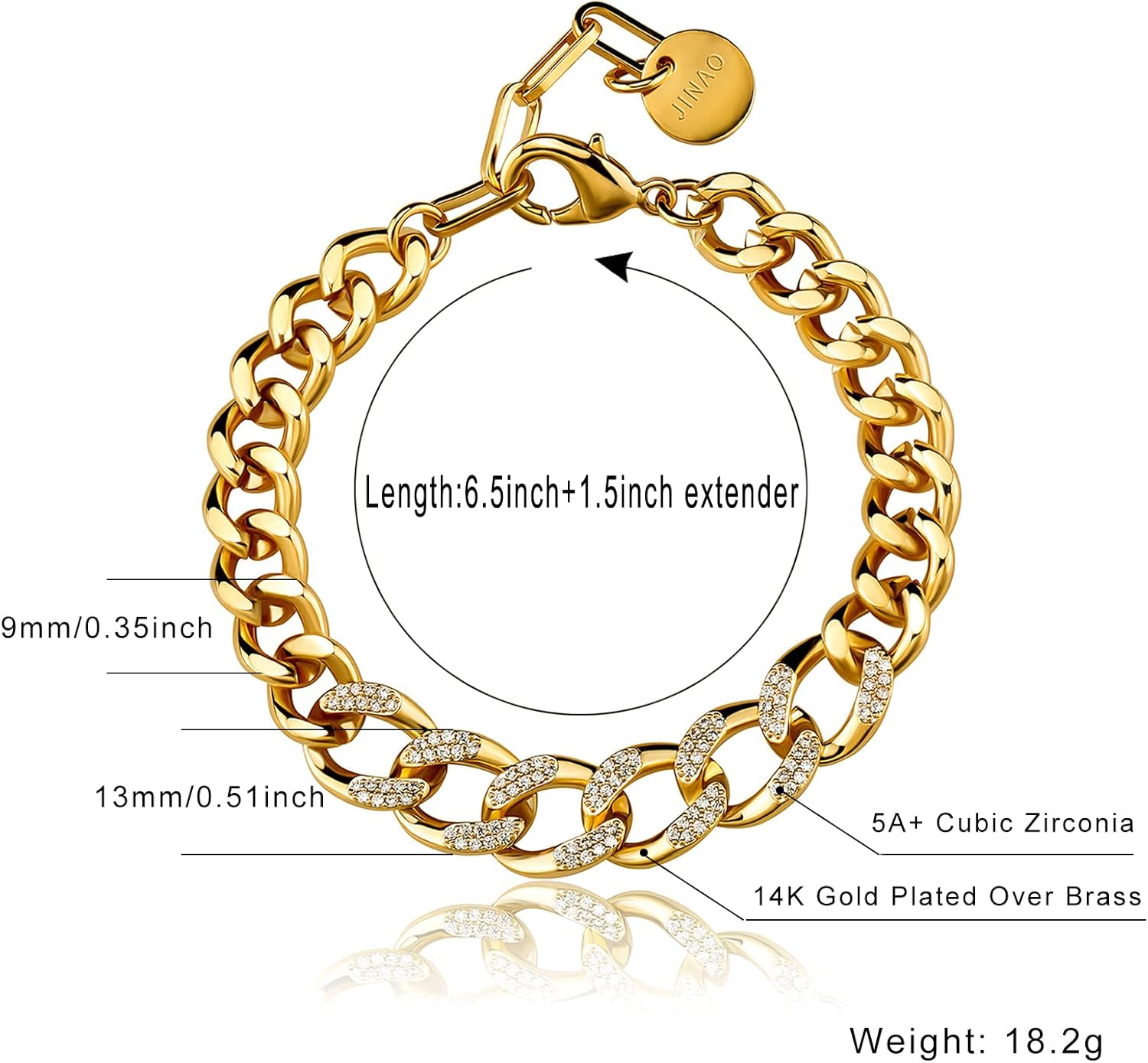 Miniatura 2 de JINAO Pulsera gruesa chapada en oro de 14 quilates con circonita cúbica helada y eslabones cubanos de Miami con extensores ajustables para mujeres y