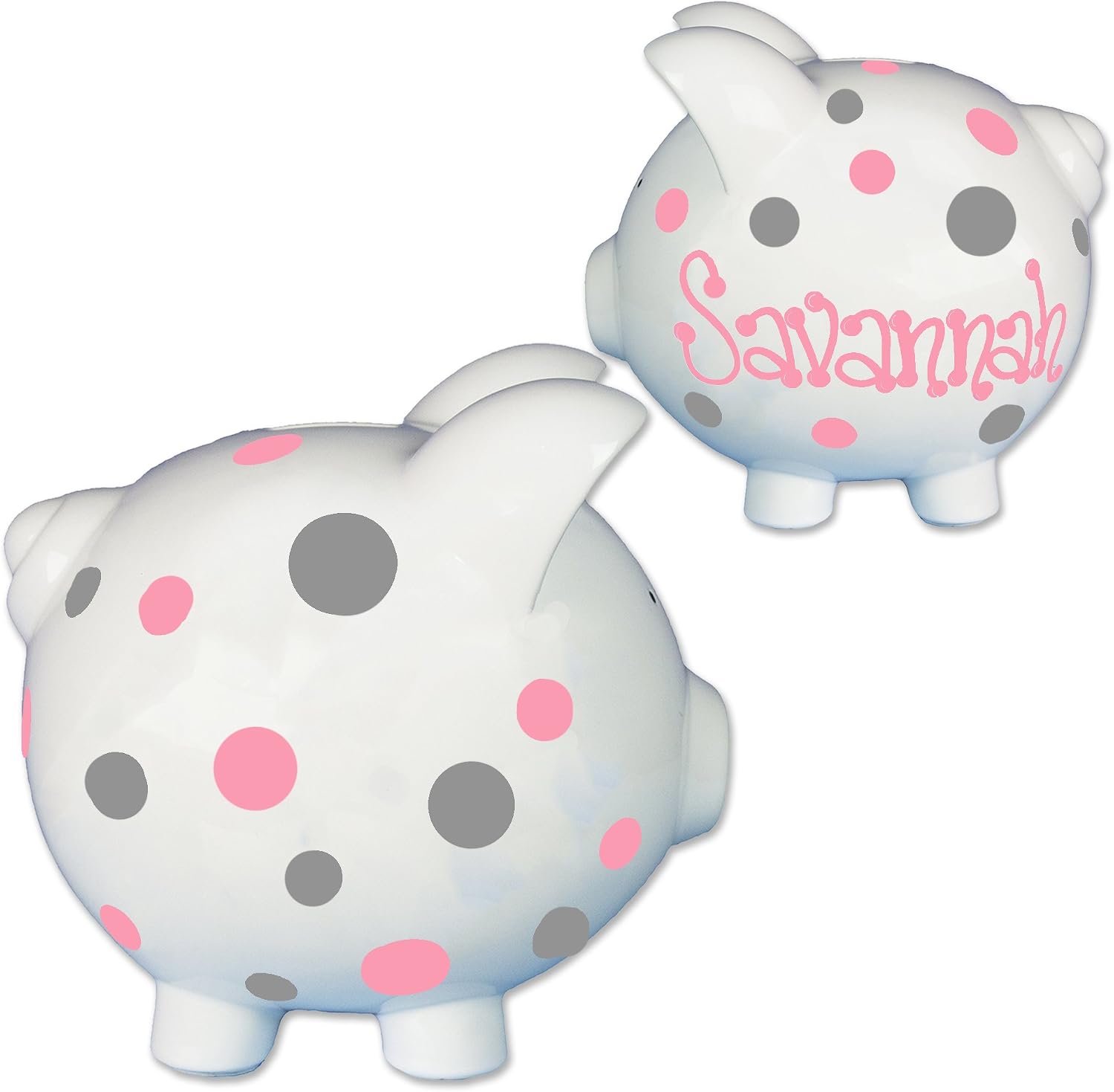 My Bambino Hand Painted Personalized Piggy Bank Pink Gray Polka Dots Customized for Kids | Baptism