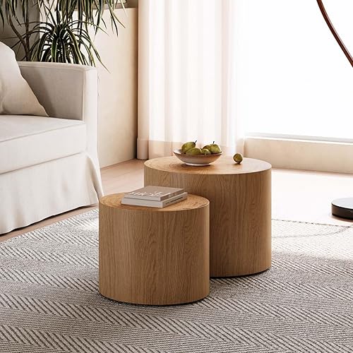 Miniatura 5 de Juego de 2 mesas auxiliares anidadas, mesa auxiliar redonda moderna y mesa auxiliar, mesa auxiliar circular de madera natural para sala de estar,