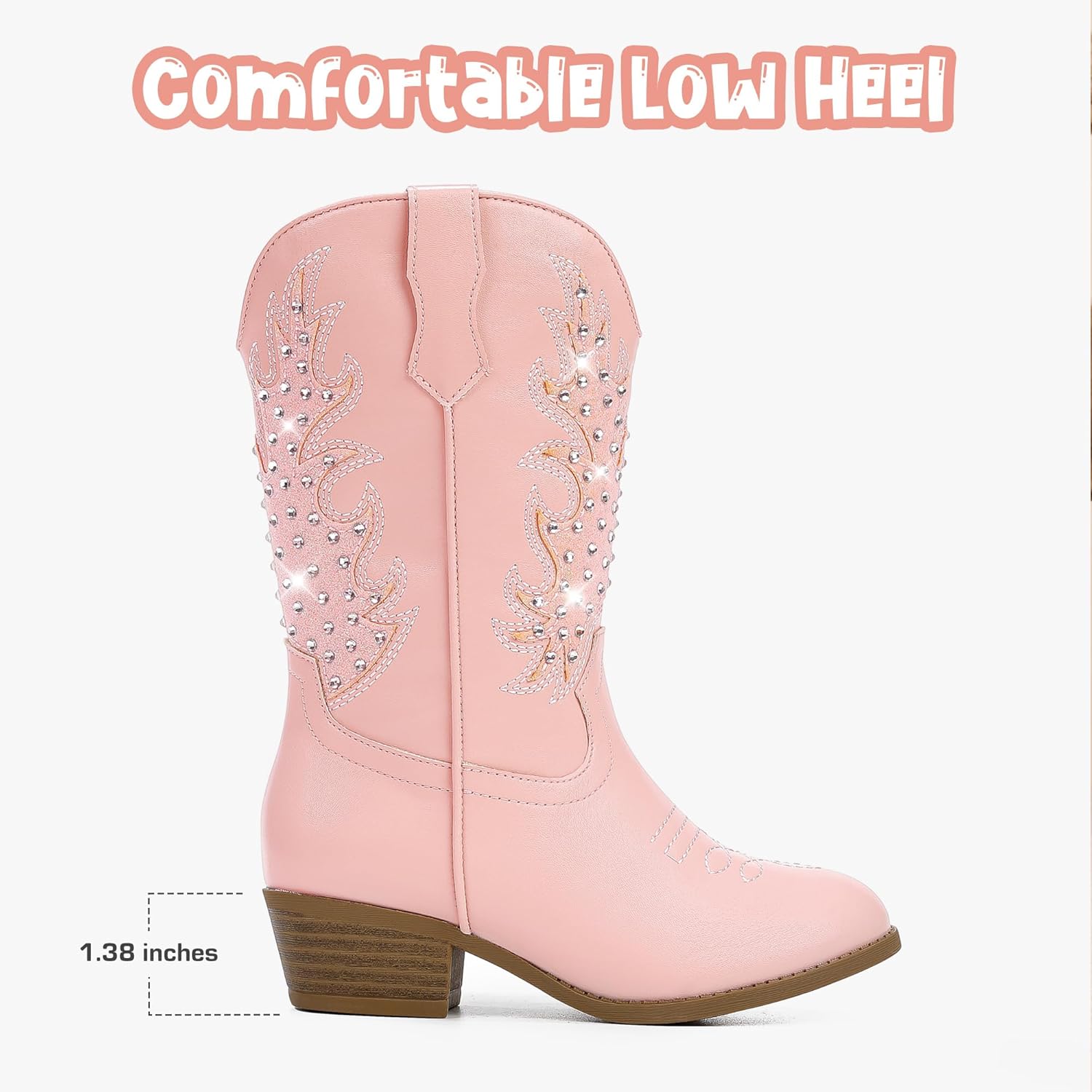 Motasha Sparkly Rhinestone Cowgirl Boots for Girls Cowboy Boot Toddler to Big Kids Mid Calf Zipper Low Heel Pointed Toes Party Birthday Dress