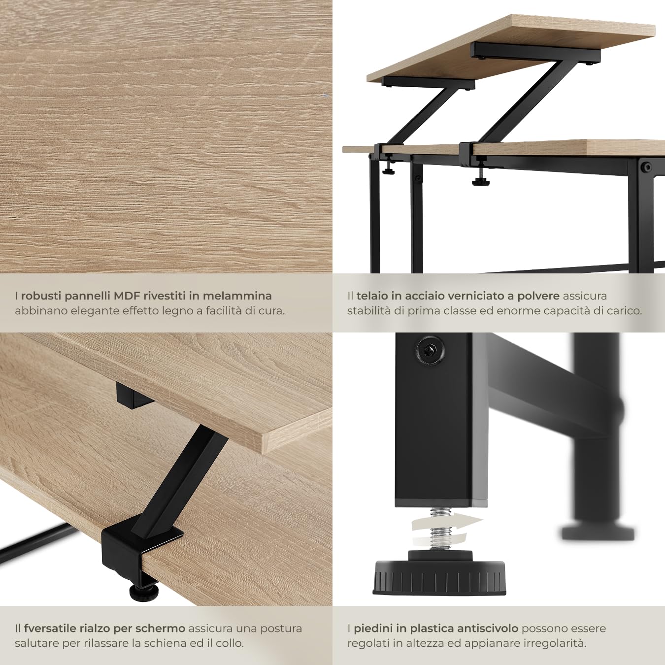 tectake® Scrivania angolare 140x130x76,5 cm, Scrivania Gaming Casa e Ufficio, Ideale Computer Portatile o Computer Fisso, Ripiano rialzato per Monitor, Scrivanie Stile Industriale - Legno Chiaro
