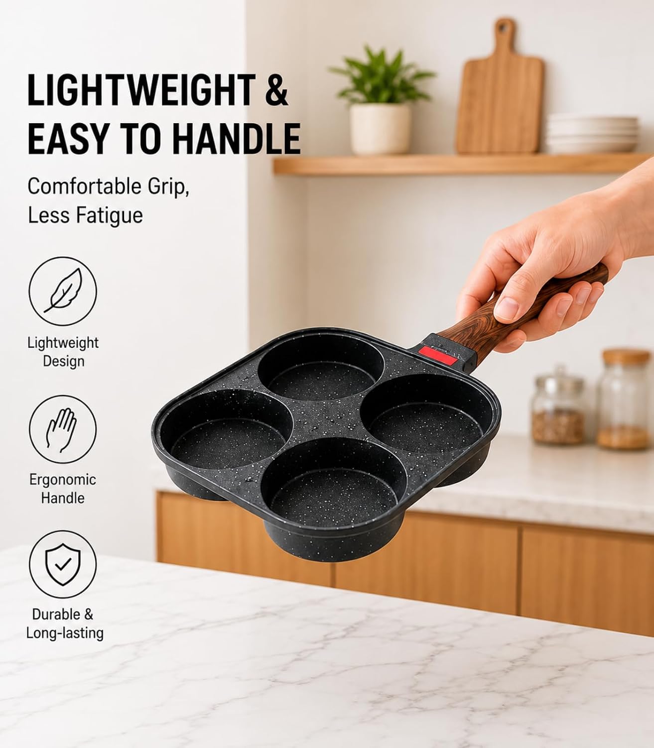 BASECENT Egg Pan - Nonstick 4-Cup Frying Pan - Healthy Aluminum Omelette Skillet for Fried Eggs, Pancakes, and Breakfast - Compatible with Gas & Induction Cooktops