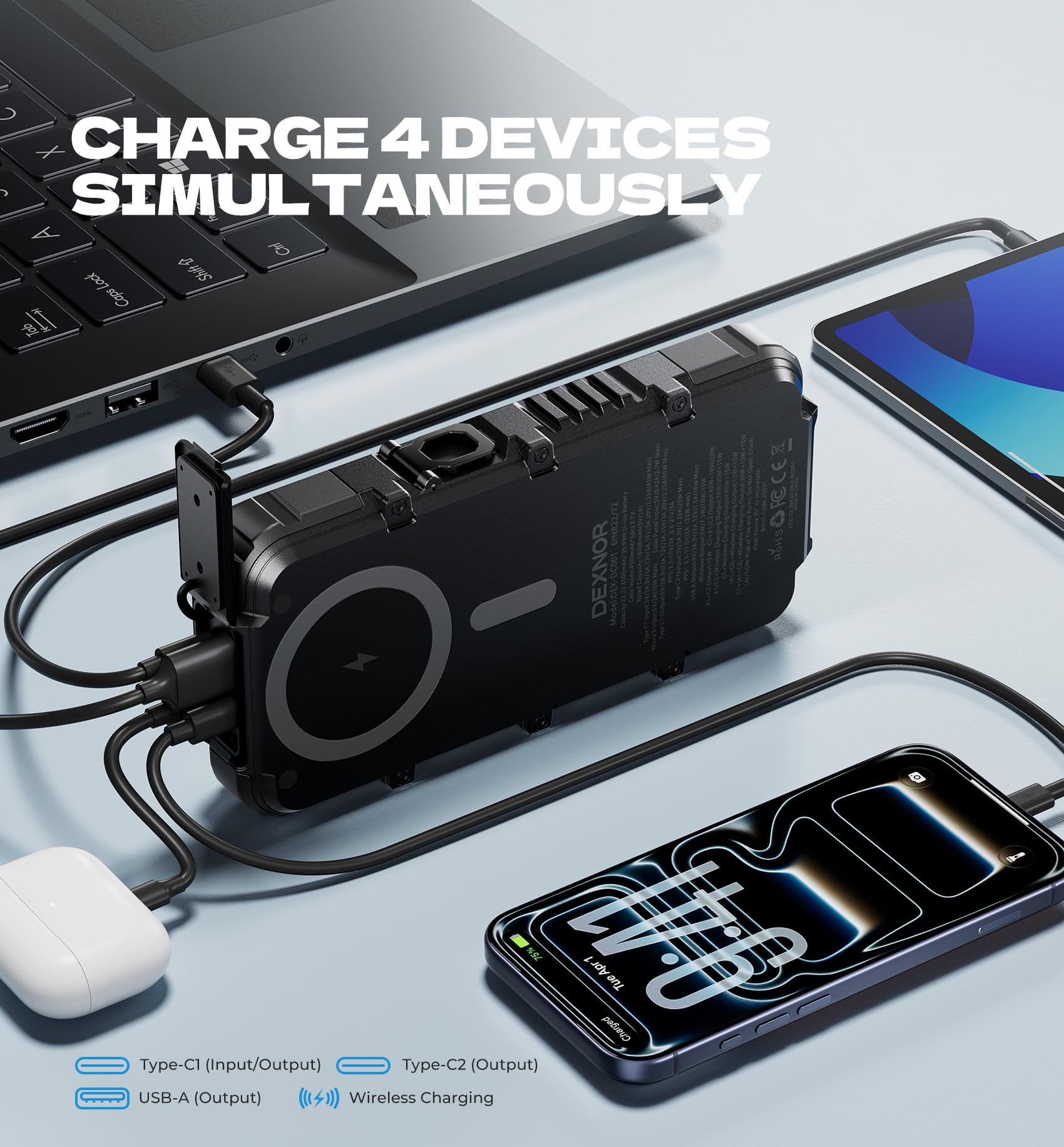 Dexnor Solar Powerbank 27.000 mAh mit 65W PD3.0 & QC3.0 Schnellladung, Tragbarer Externer Akku mit Wireless Charging, Taschenlampe und Karabiner - Kompatibel mit MagSafe & Qi