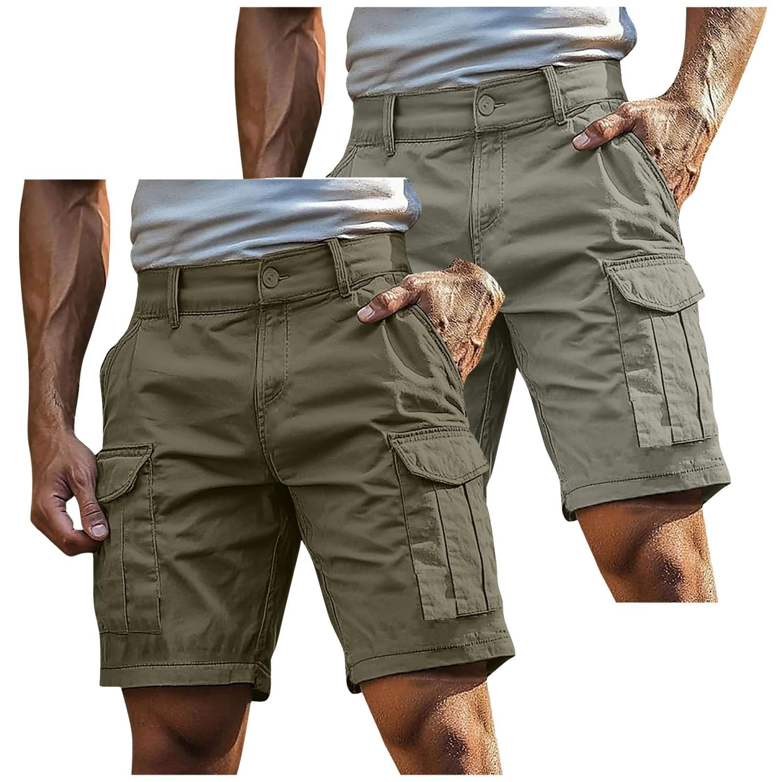Cargohose Herren Kurz Robuste Cargo Shorts Outdoor Arbeitsshorts Mit Taschen Praktische Short Mit Gummizug Atmungsaktive Sommerhose Klassische Chino Hose Leichte Wanderhose Strapazierfähig(2-PC)