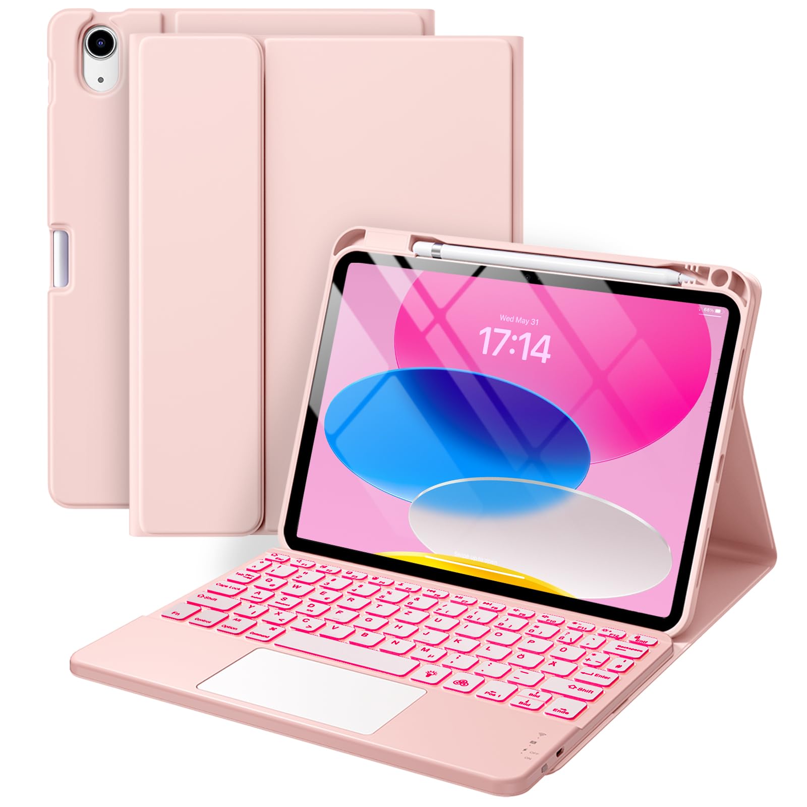 Vobafe Touchpad Hülle mit Tastatur für iPad A16 11 10 Generation 2025 2022, 11/10,9 Zoll, Magnetische Abnehmbar Tastatur, 7 farbige beleuchteter, mit Stifthalter, QWERTZ Layout, Hellrosa