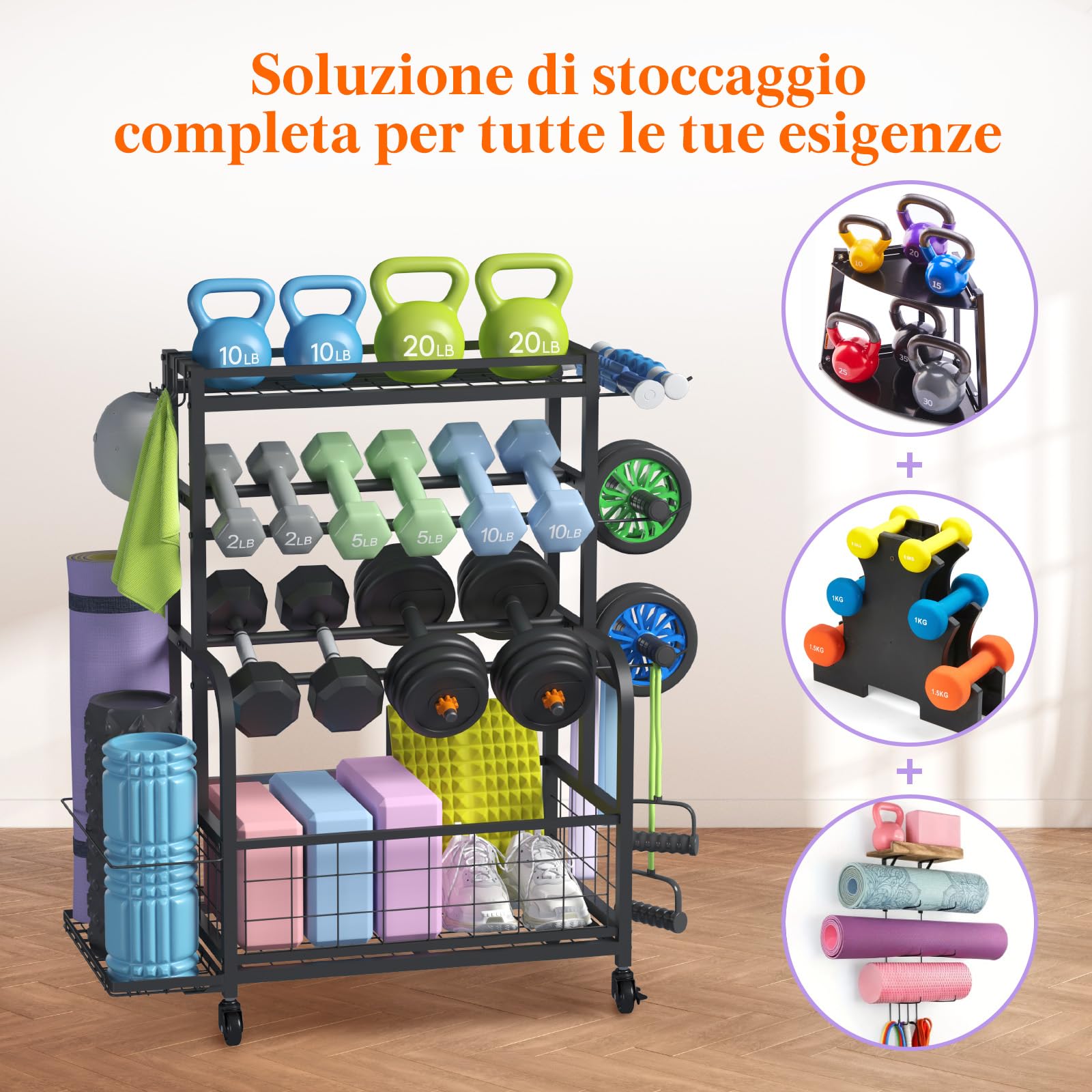 Lifewit Rastrelliera per Manubri con Ruote, per Kettlebell, Tappetini da Bodybuilding, Attrezzi per lo Yoga, per Palestra Domestica, Casa, Garage, Palestra Multiuso, 91 cm di Altezza