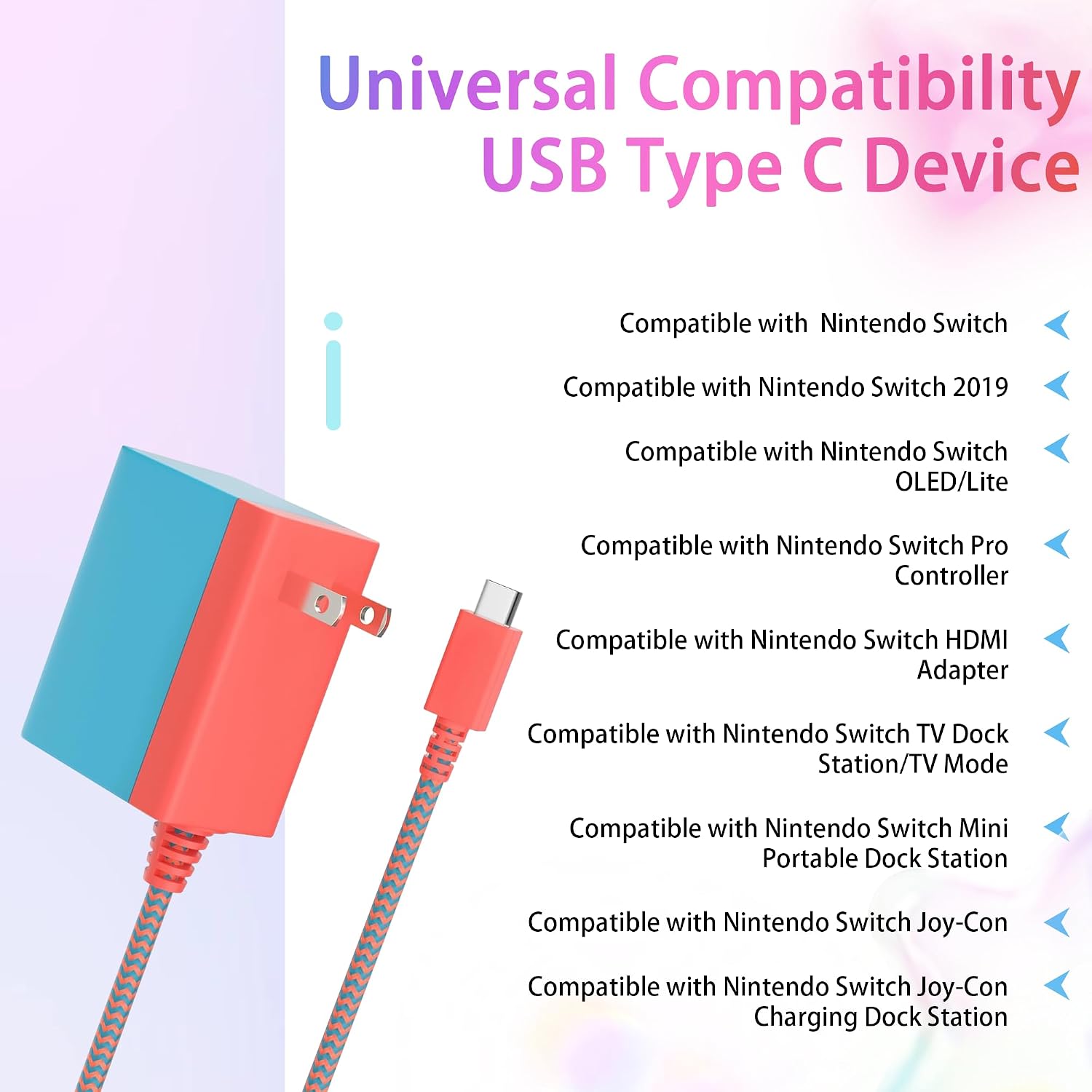 39W Compatible with Nintendo Switch Fast Charging, with USB-C Cord, Compatible with Switch OLED, Lite, Steam Deck – Supports TV Mode(Red/Blue)