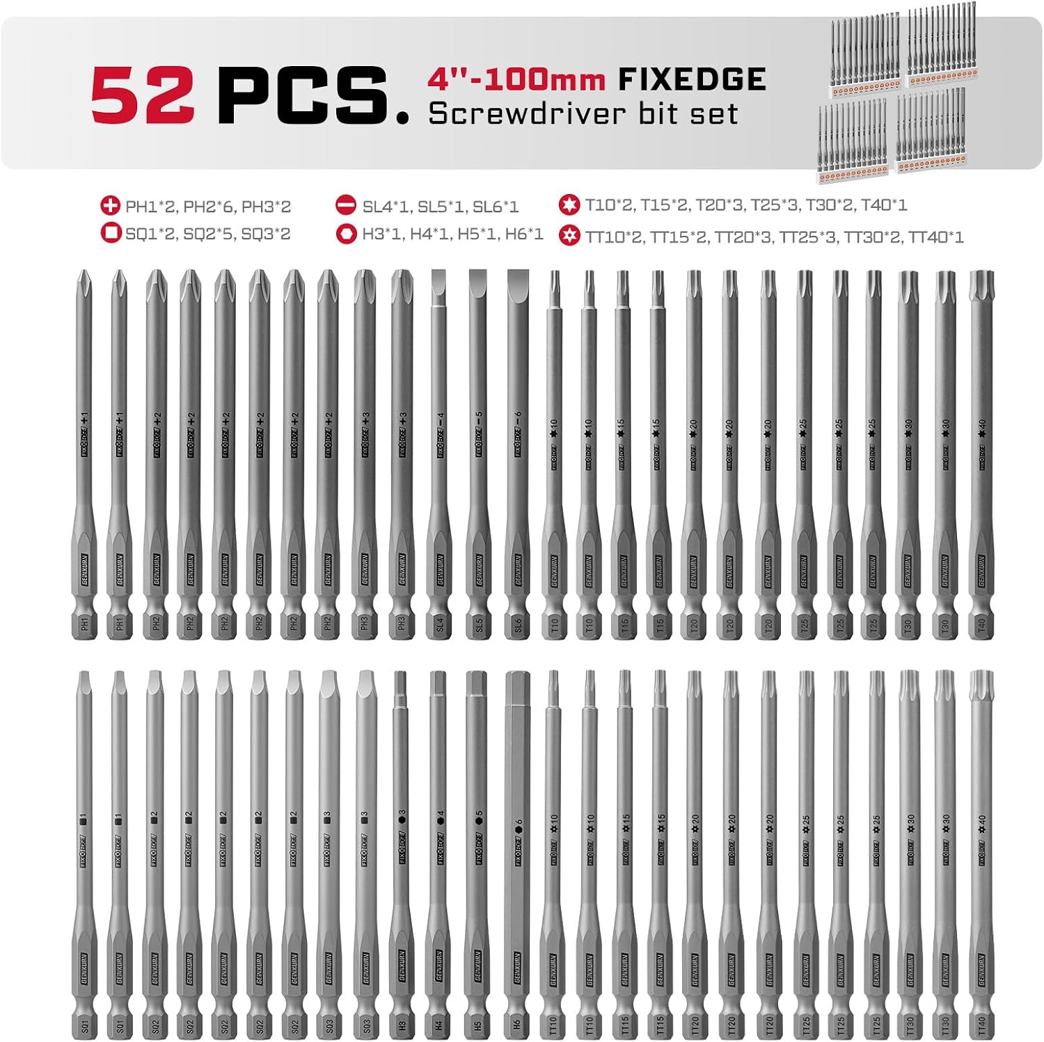 Geinxurn 52Pieces Fixedge Screwdriver Bit Set, 4Inches Magnetic Alloy Steel Phillips/Slotted/Square/Torx/Hex/Security Torx Insert Power Bits Tips with Storage Organizer for Home Repair