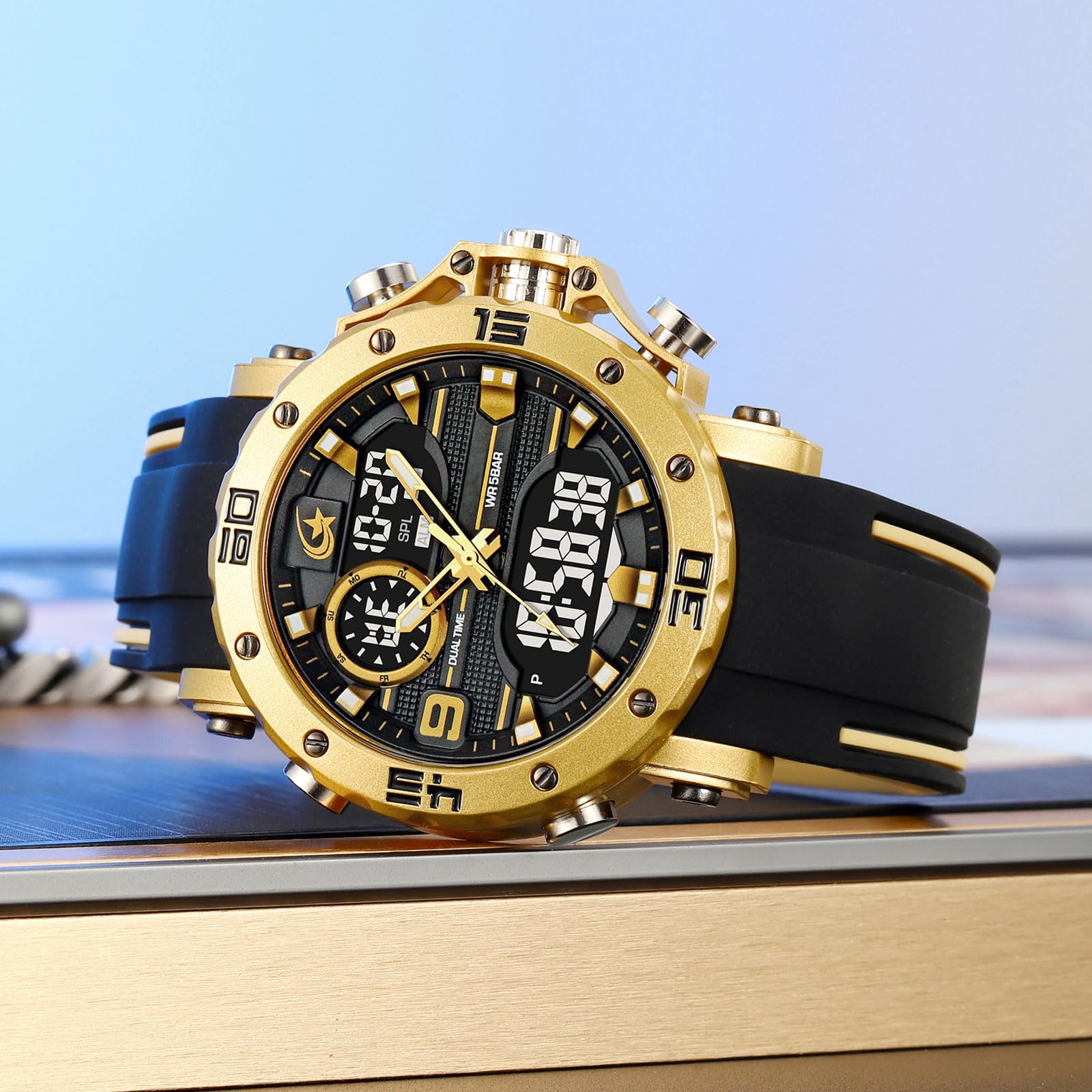 findtime Reloj de hombre militar digital analógico deportivo para exteriores, doble hora, resistente al agua, iluminación LED, esfera grande, reloj con alarma, fecha, 12/24 h, cronómetro, cronómetro