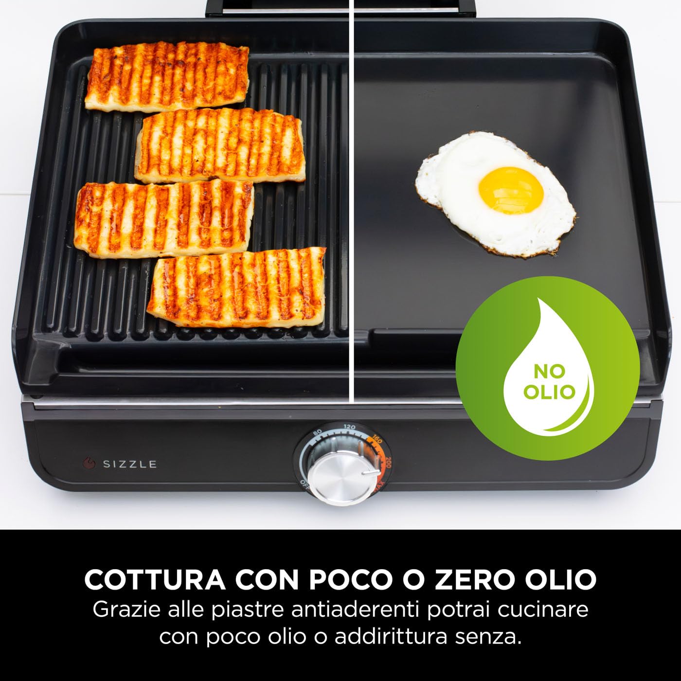 Ninja Sizzle Griglia Elettrica e Piastra Antiaderente per Interni, Coperchio Rimovibile Lavabile in Lavastoviglie, Vaschetta Raccogli Grasso, Manopola per Temperatura e Ricettario, Grigio GR101EU