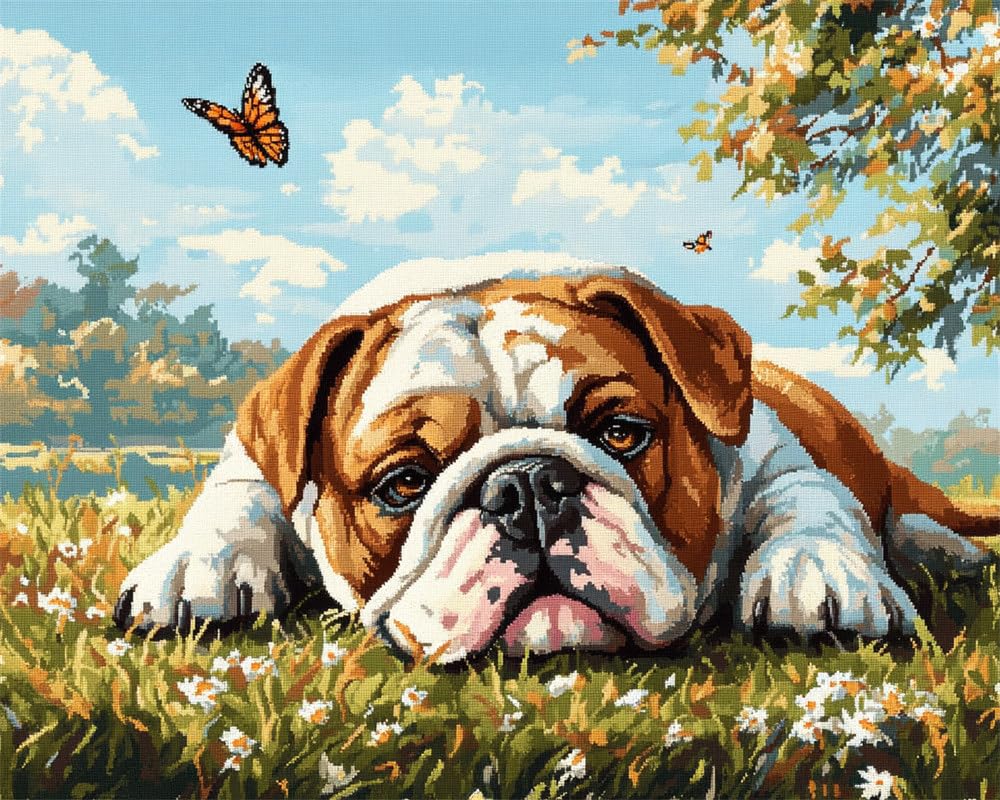 Hdfvlfdsa Stamped Cross Stitch Kits,English Bulldog Lying On The Grass 40X50cm (15.7X19.7in) Cross Stitch Ornament Kits For Adults Beginners, Counted Embroidery Needlepoint Kits Home Decor Adult Craft