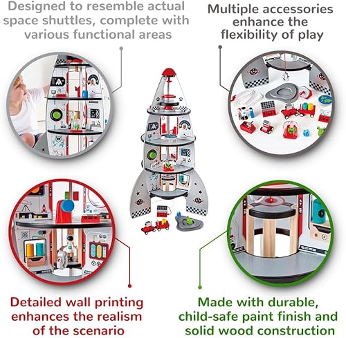 Miniatura 5 de Hape Juego de barco cohete de cuatro etapas para niños pequeños | Un juguete de nave espacial de madera con diseños de transbordador espacial de la