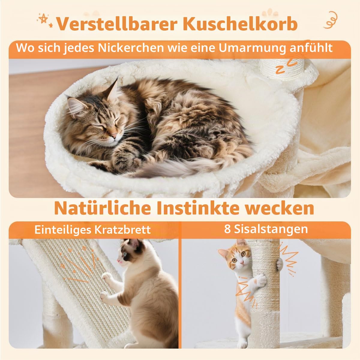 Taoqimiao 180CM Kratzbaum Groß, Katzenbaum Katzen Kratzbaum Grosse Katzen Stabil mit 2 Katzenhaus, Metallhängematte, Korb, 8 Kratzsäulen, Katzenkratztafel, MS026LM Beige