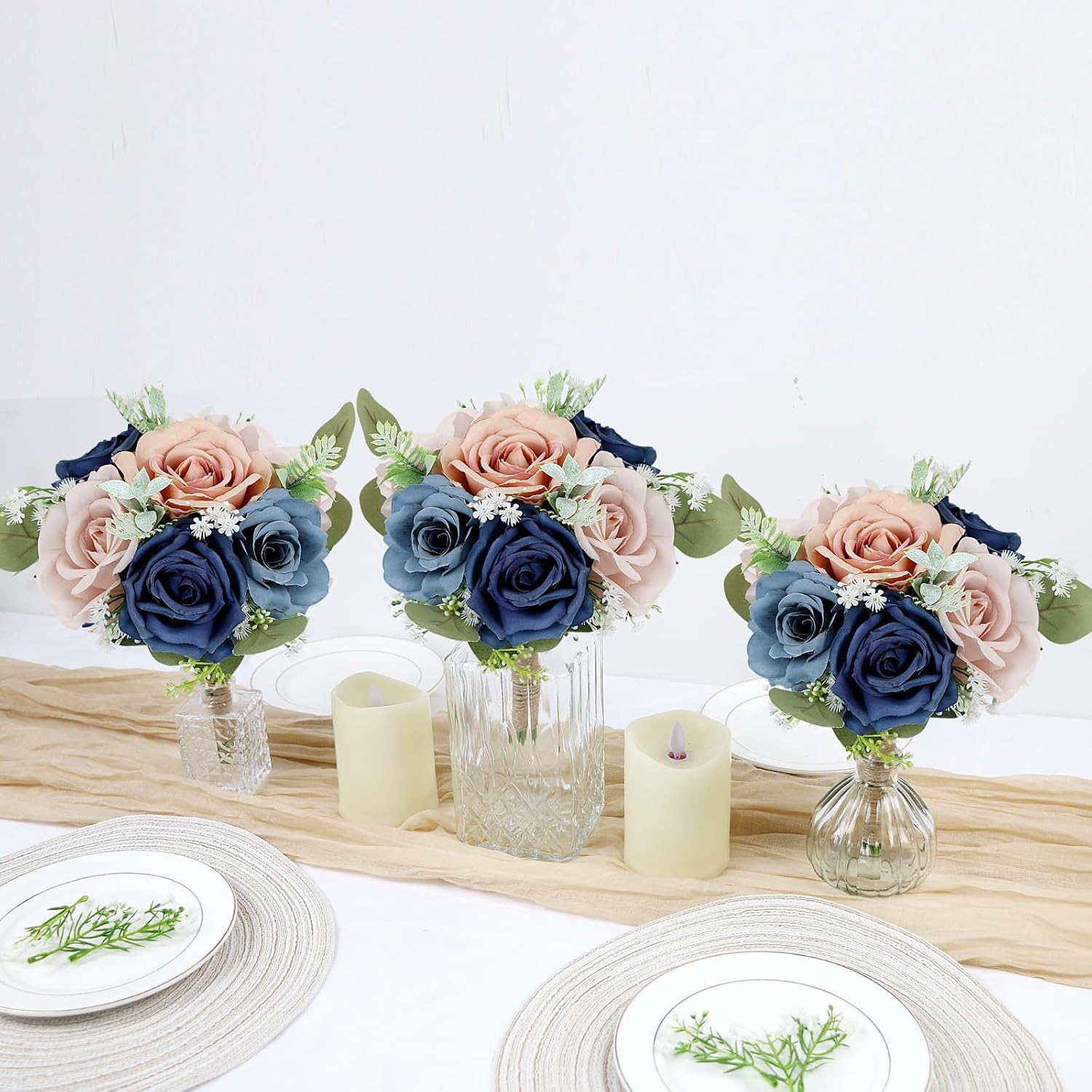 Bridesmaid Bouquets for Wedding - 7 Inch Artificial Flowers Bouquets for Ceremony Anniversary Centerpieces Decorations - Navy Blue & Dustyblue & Pink - Image 6