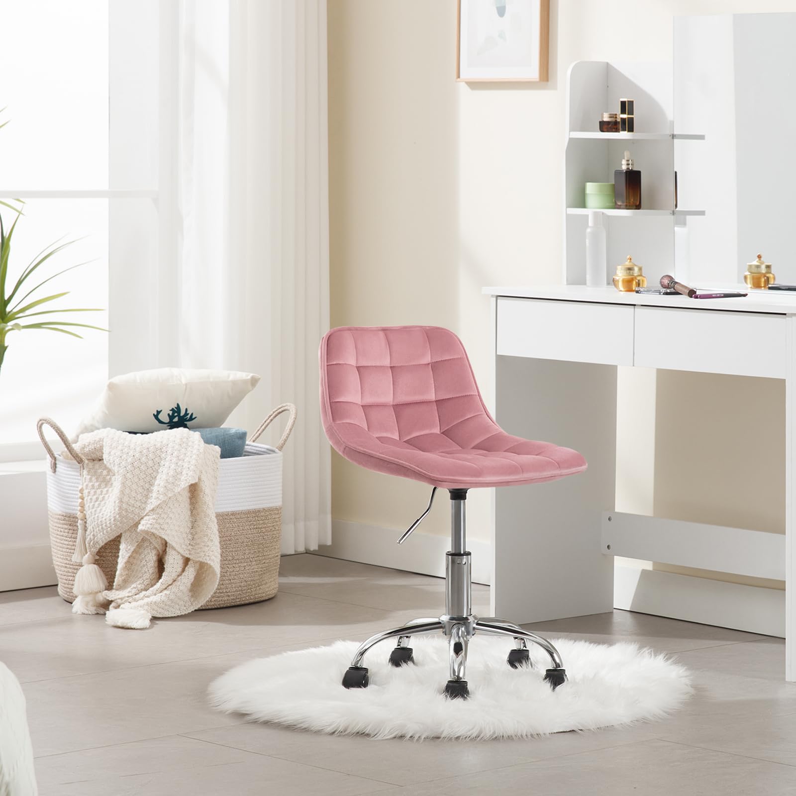 WOLTU Silla de Oficina, Taburete Tocador Giratorio, Silla Ergonómica Escritorio con Respaldo, Taburete Bajo con Asiento Ajustable de Altura, Asiento Tapizado en Terciopelo, Rosa