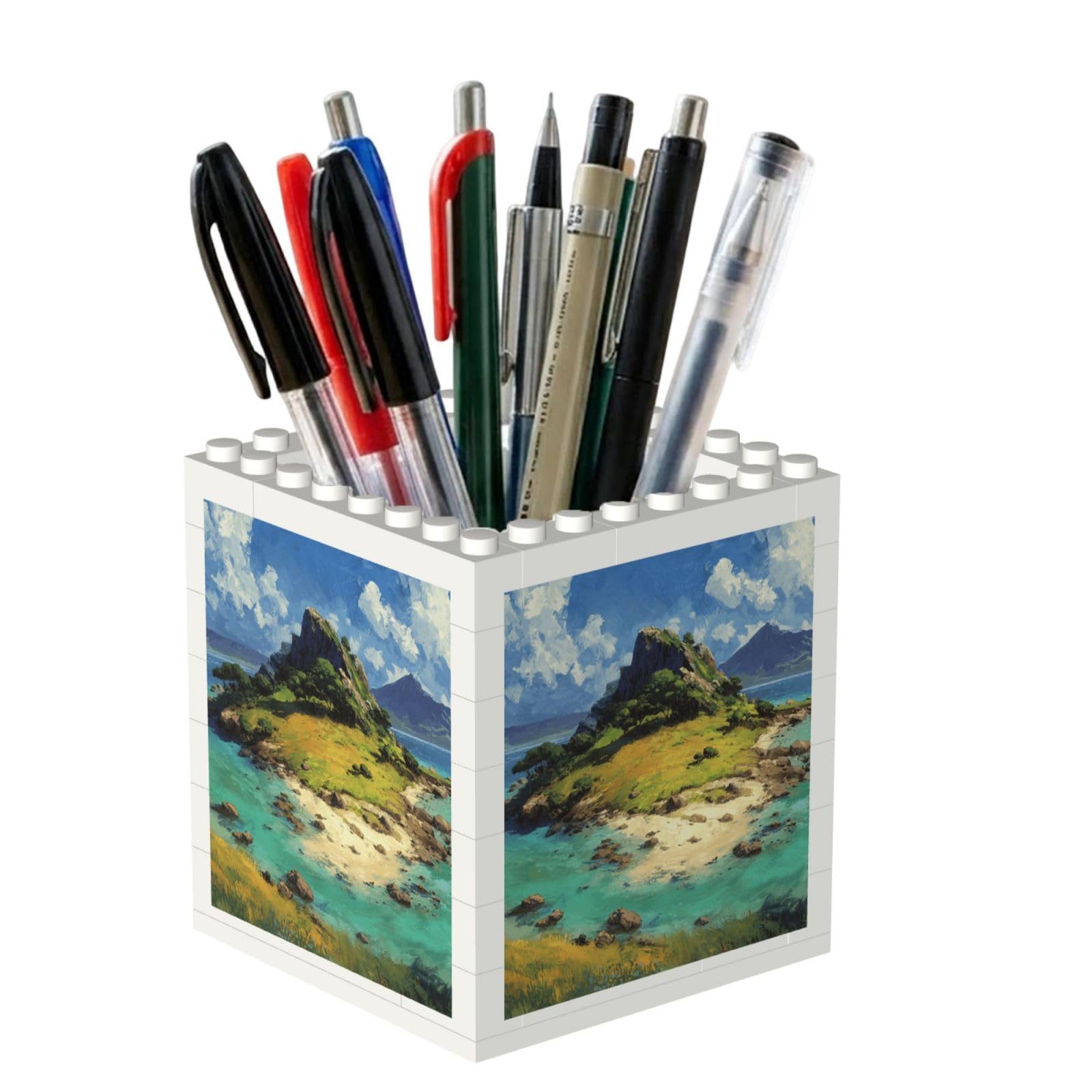 ESNAIUVCD Island Scenery Print Building Block Pen Holder - Pencil Holder For Desk/Classroom,Desk Accessories, Multifunctional Office Supplies Pen Organizer Pencil Cups(2pcs)