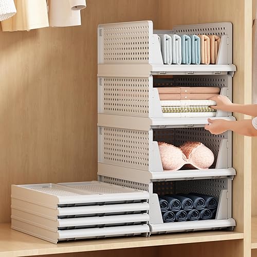Cesta de almacenamiento apilable de plástico plegable, caja de almacenamiento, organizadores de ropa y almacenamiento, paquete de 4 contenedores de