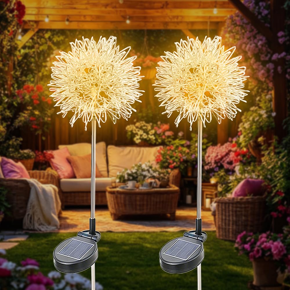 SKIKHN Solar Lights Outdoor Garden Stake, 2 Pack Dandelion Solar Flower Lights Outdoor Garden, IP65 Waterproof Solar Stake Lights for Courtyard Pathway Flowerbed Patio