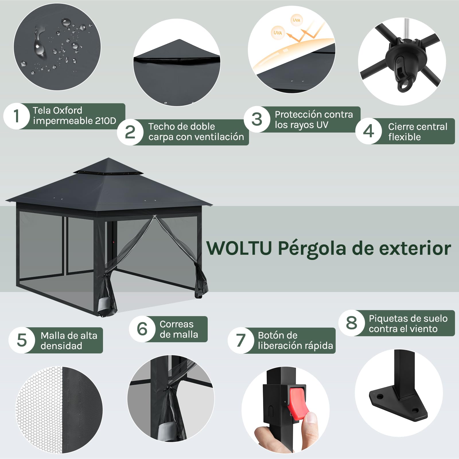WOLTU Carpa Plegable 3x3m con mosquitera Antracita | UPF 50+ UV, impermeable, altura ajustable, estable, 4 paredes mosquitera, Camping