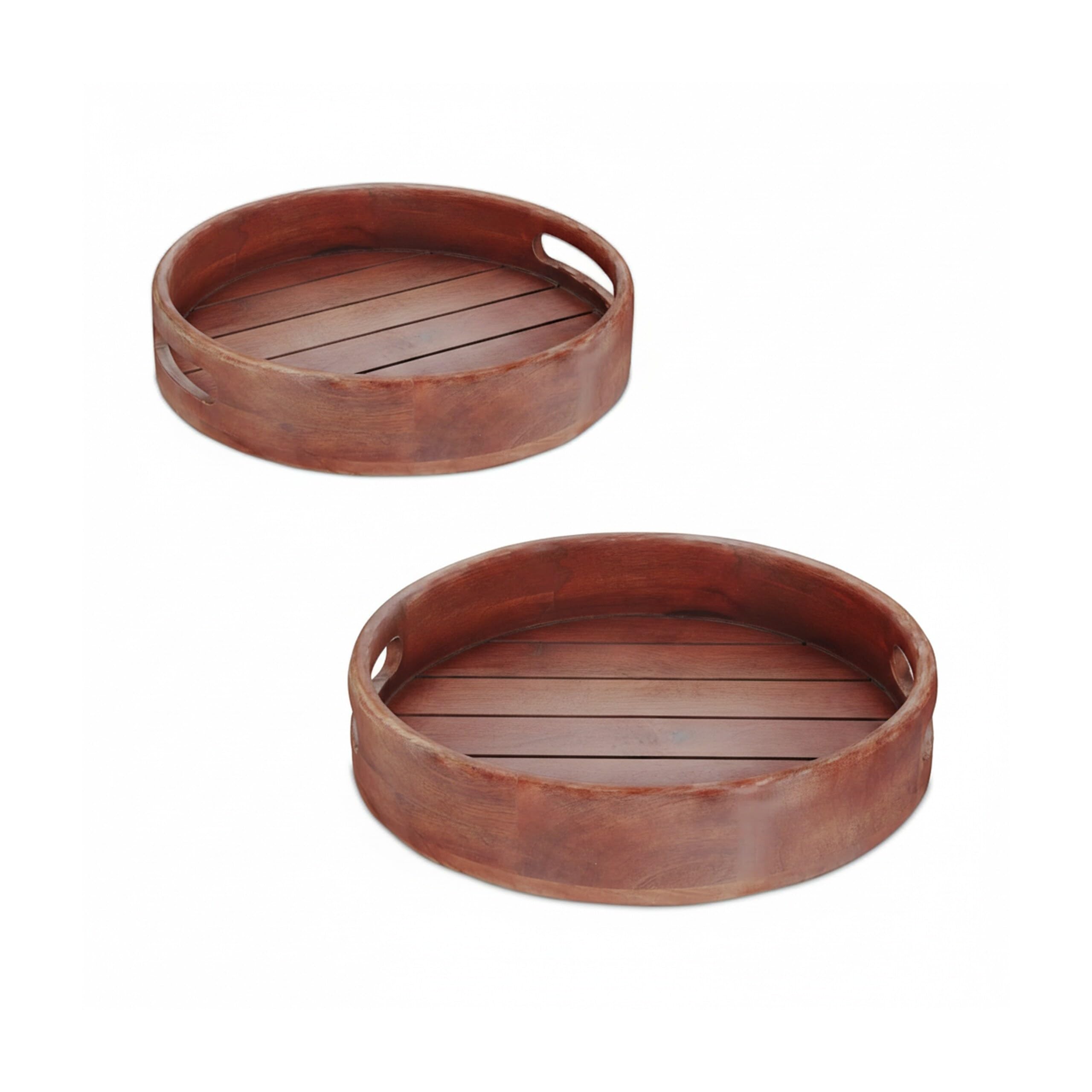 Relaxdays Plateau de Service, avec poignées, Bord surélevé, Design Rond, Bois de manguier, H x D : 29 x 36 cm, Marron