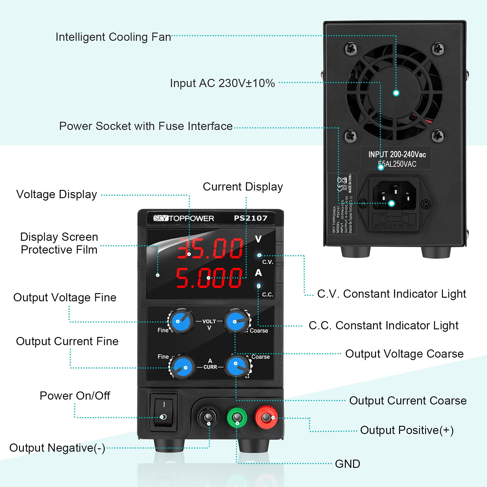 alimentatore da banco Variabile 0-35V 0-5A Alimentatore da Laboratorio utilizzato per l'insegnamento in laboratorio, la riparazione elettronica e l'elettronica audio LCD/veicolo