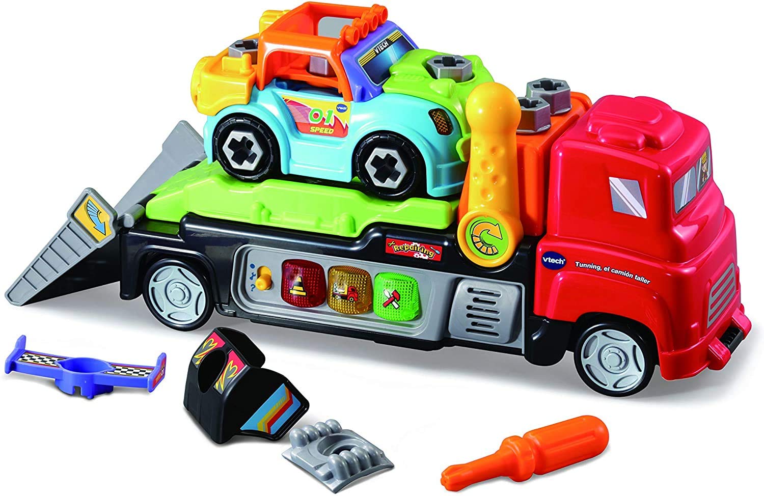VTech - Tunning el camión Taller, Tráiler Interactivo con Herramientas y Accesorios para Arreglar tu Coche, aprende sobre vehículos y Seguridad Vial, Diferentes misiones y retos (80-517622)